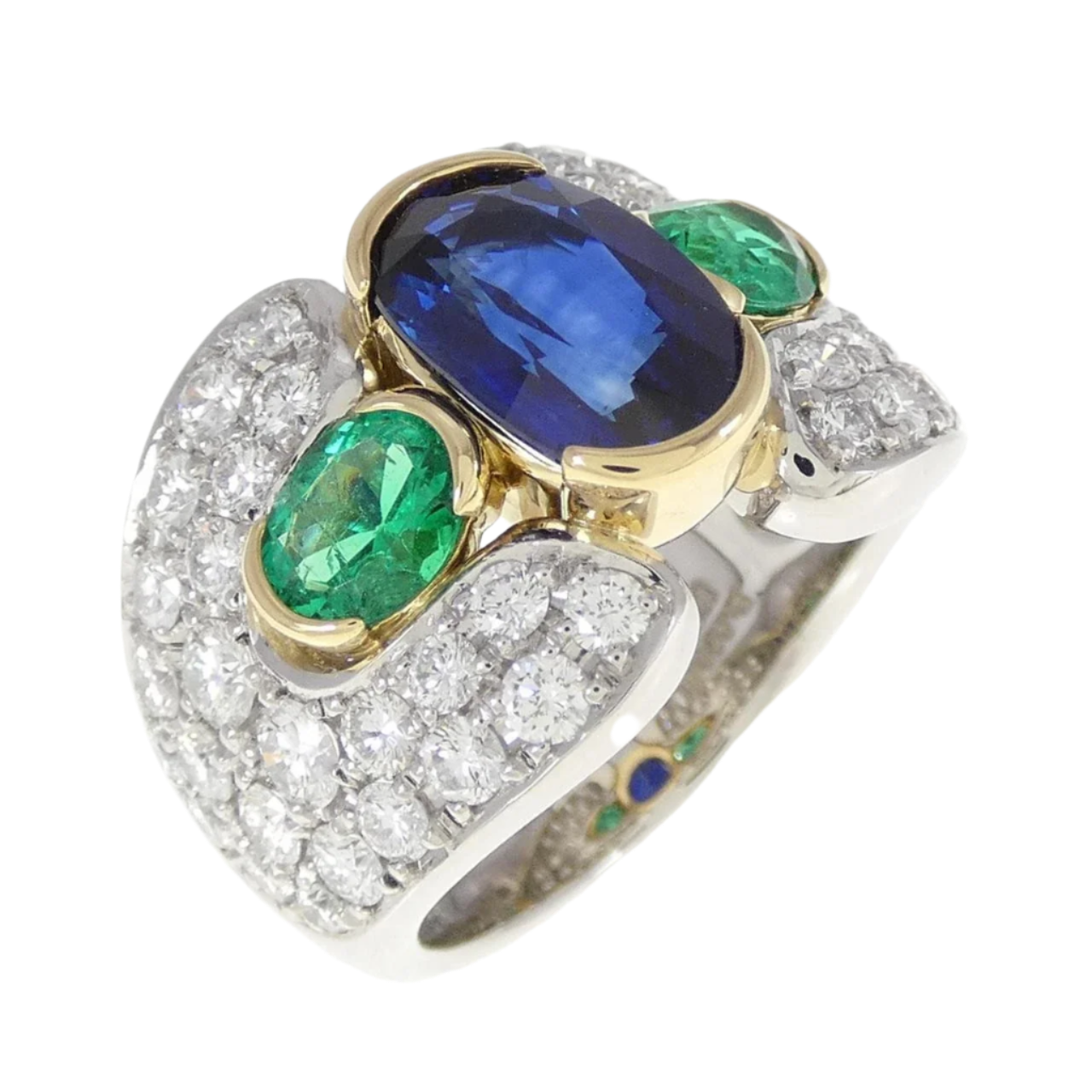 18k Solid Yellow Gold and Platinum Diamond Ring with Emeralds and Royal Blue Sapphire