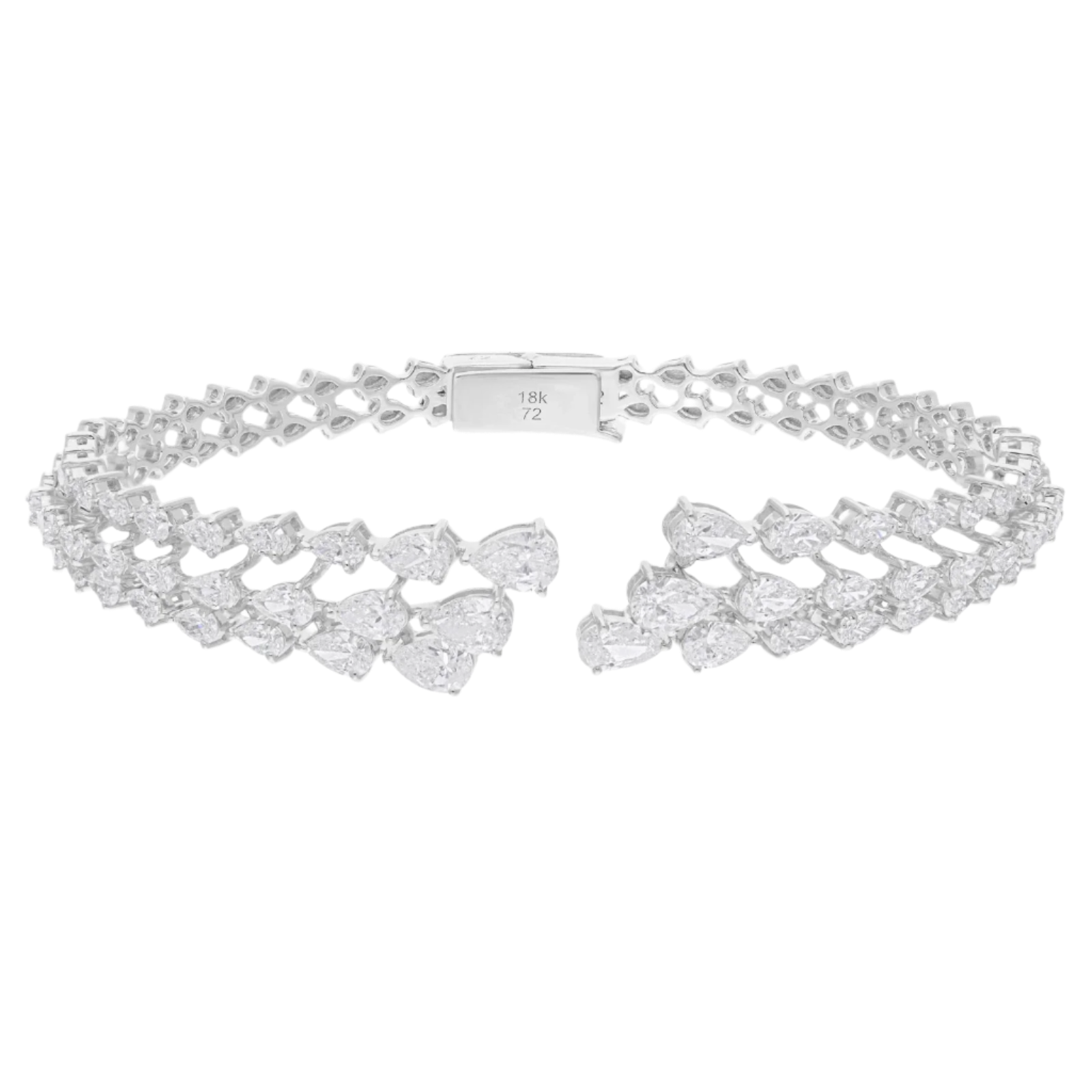18k Solid White Gold Three Layer Pear Cut Diamond Cuff Bracelet 5.95 CTW