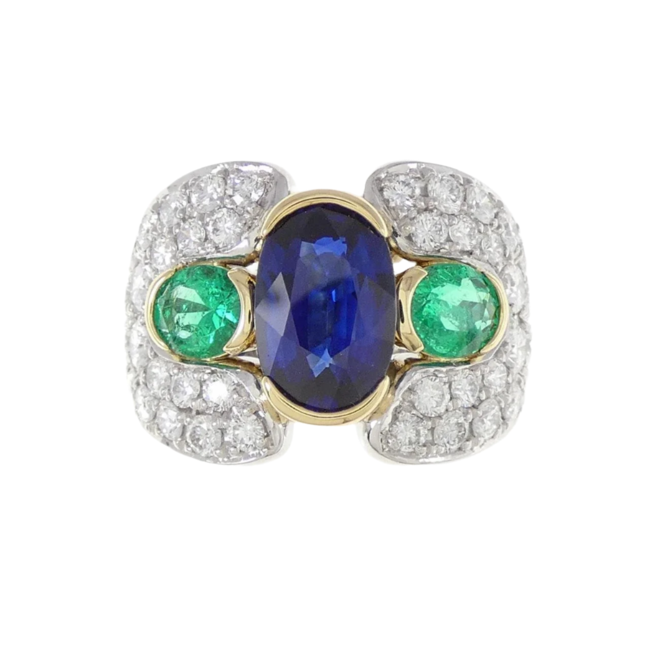 18k Solid Yellow Gold and Platinum Diamond Ring with Emeralds and Royal Blue Sapphire