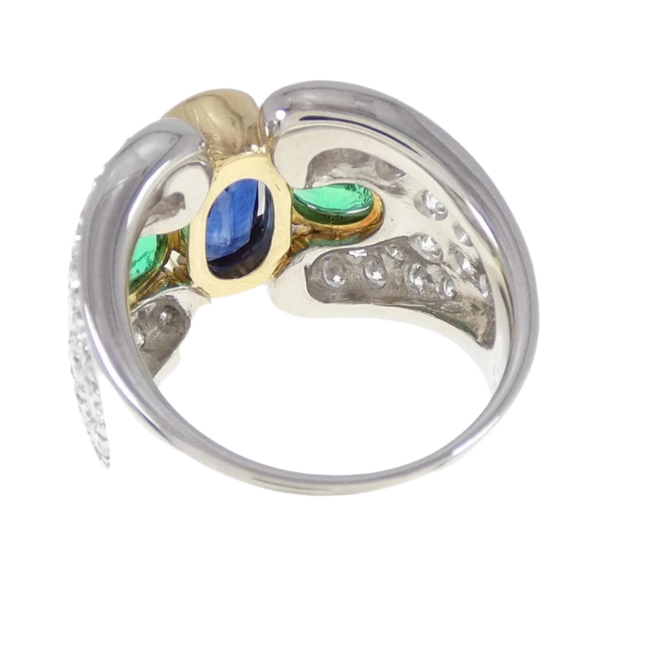 18k Solid Yellow Gold and Platinum Diamond Ring with Emeralds and Royal Blue Sapphire