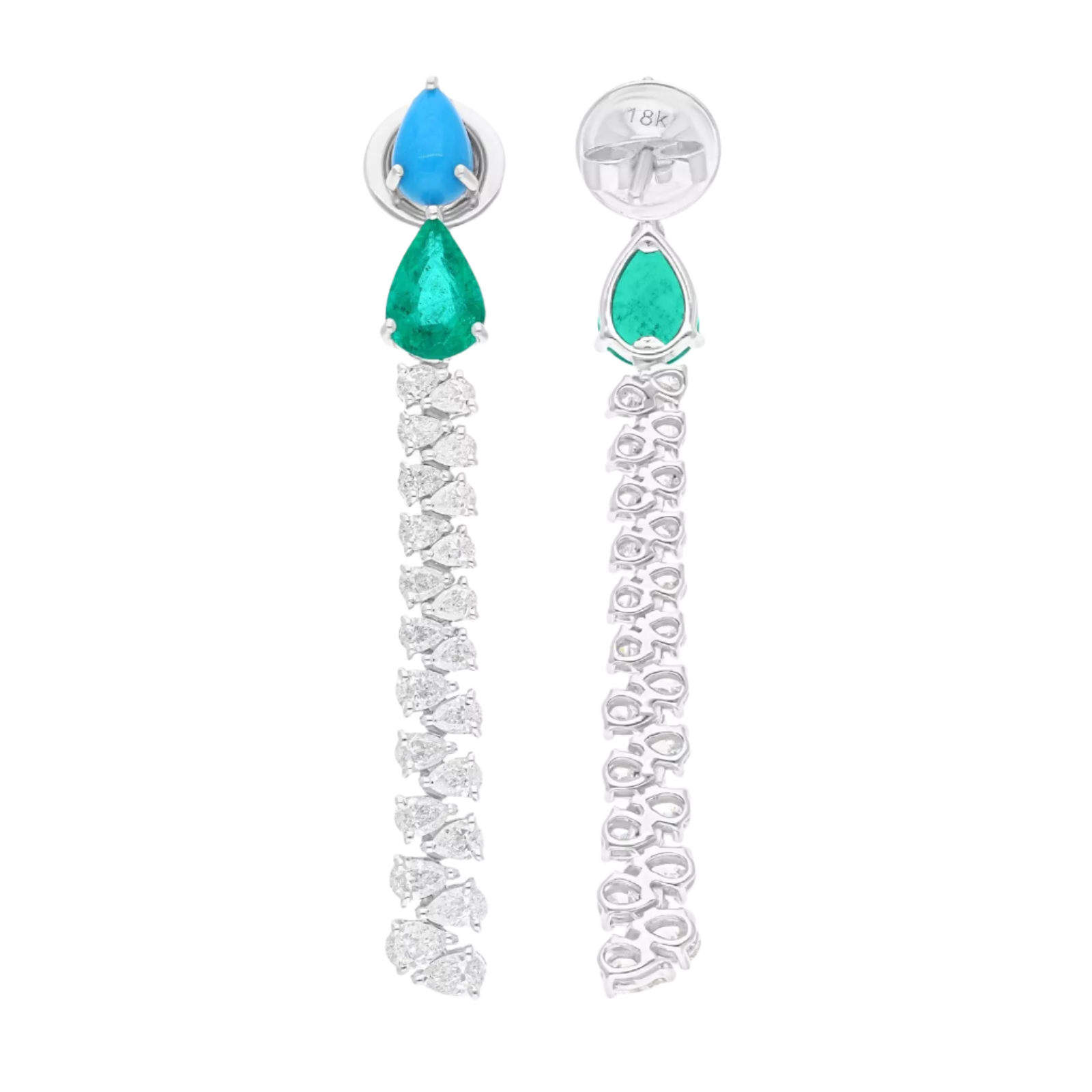 18k Solid White Gold Colombian Emerald, Diamond and Turquoise Stud Earrings 6.80 CTW