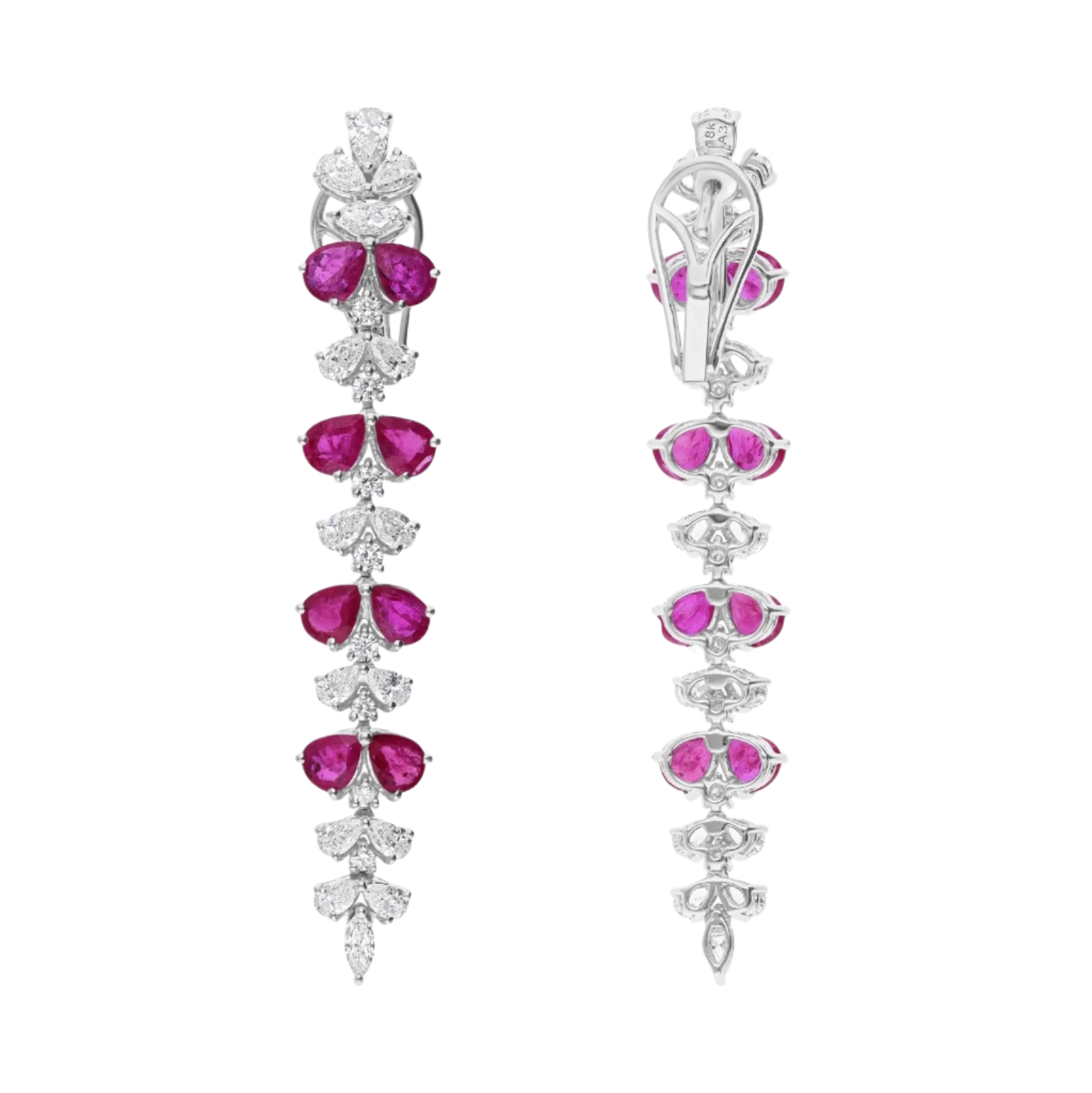 18k Solid White Gold Burmese Ruby and Diamond Drop Cocktail Earrings 6.55 CTW