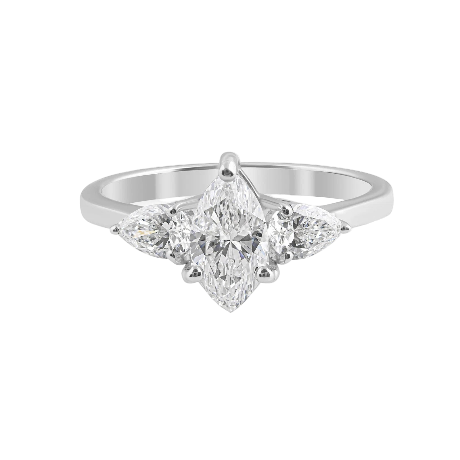 18k Solid White Gold Marquise Diamond Ring with Pear-Shaped Sides 2.82 CTW