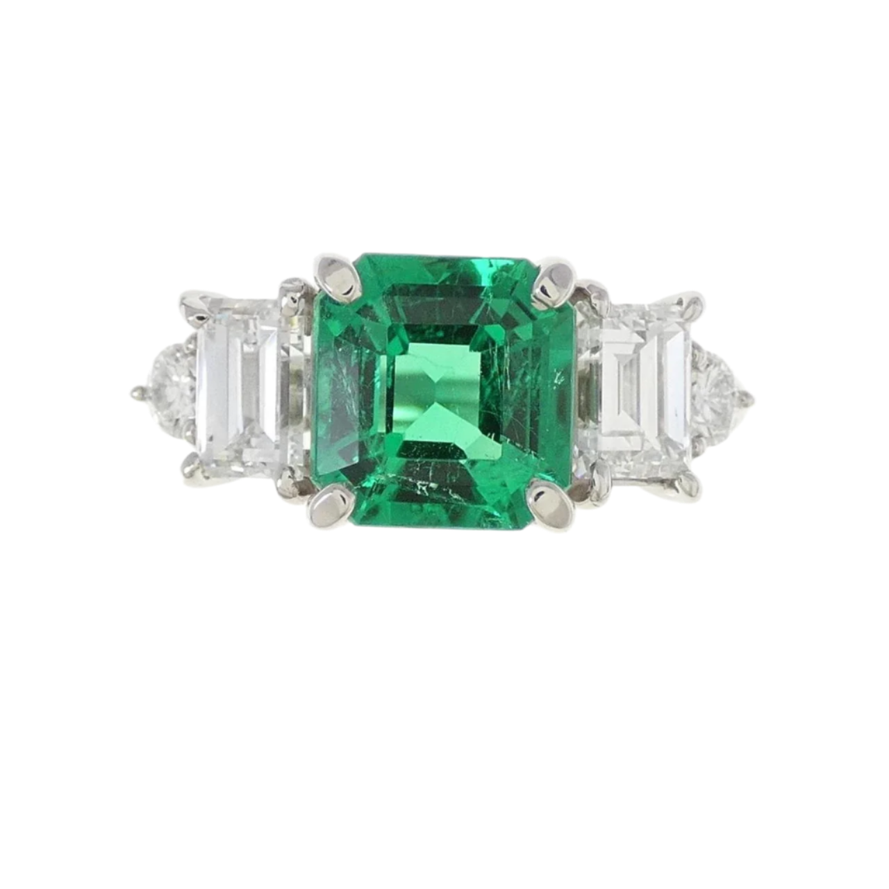 18k Solid White Gold Ring with Colombian Emerald and Diamonds