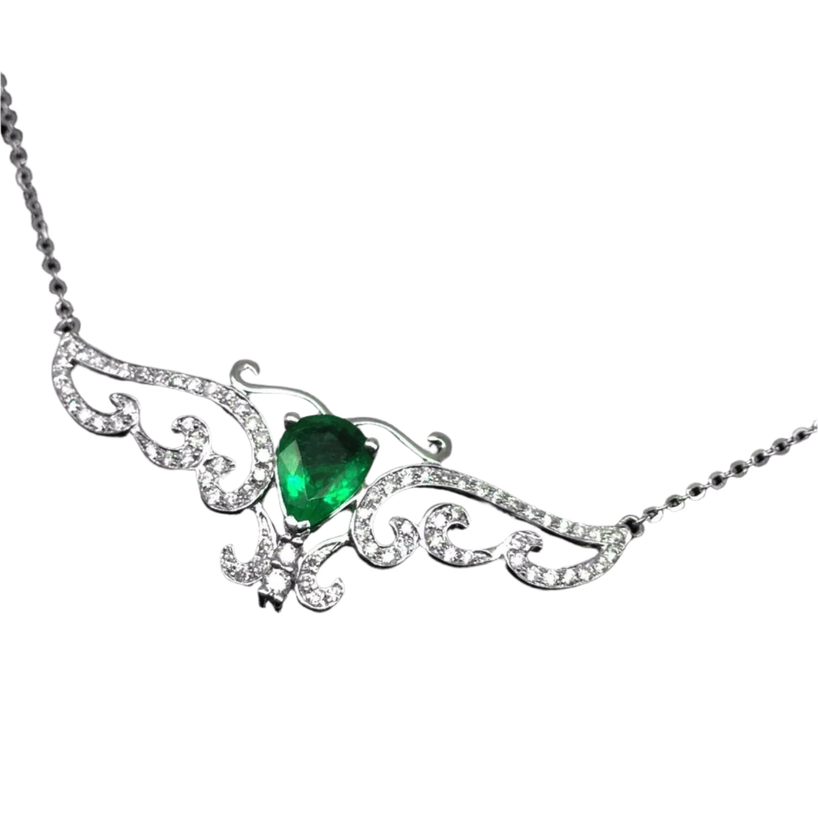 18k Solid White Gold Wing Motif Diamond Pendant with Colombian Emerald 3.25 CTW