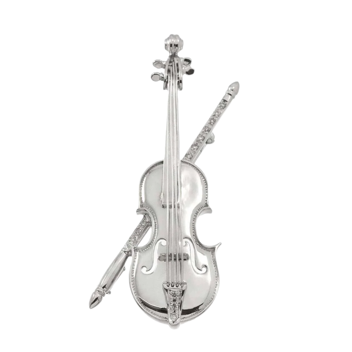 18k Solid White Gold Diamond Violin Vintage Brooch