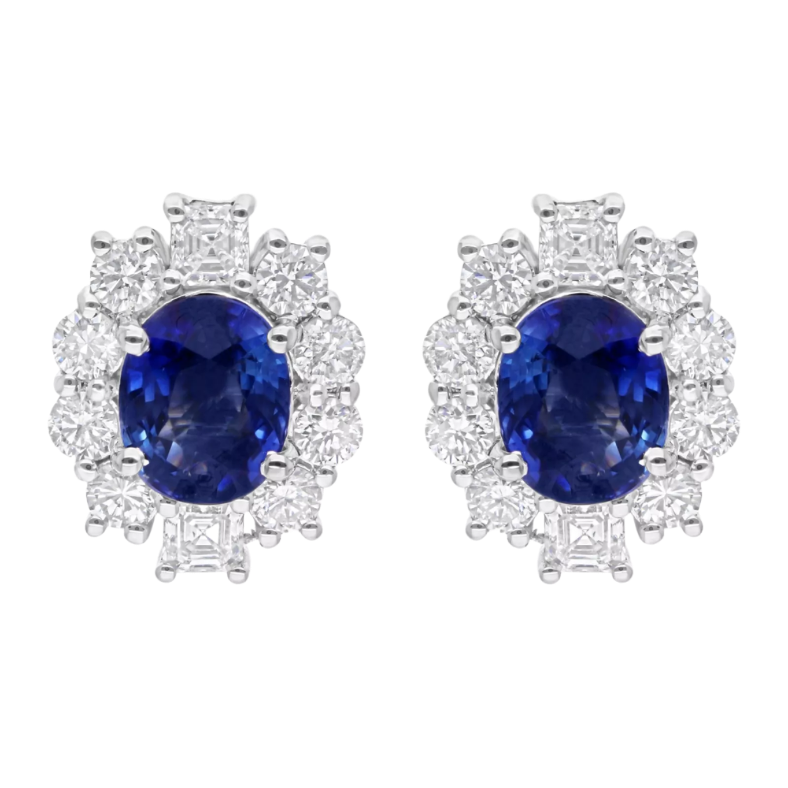 18k Solid White Gold Royal Blue Sapphire and Diamond Studs 4.25 CTW