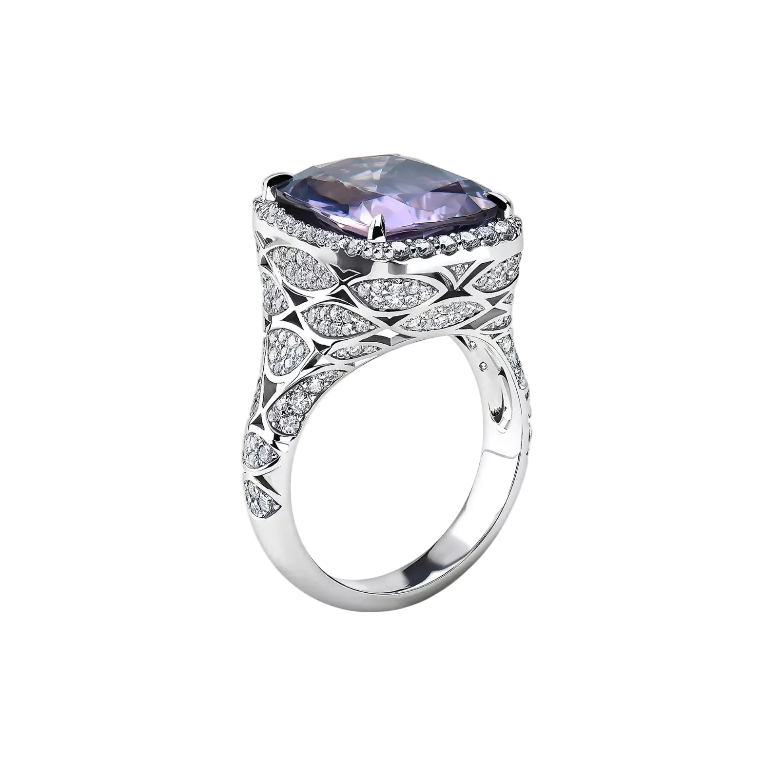 18k Solid White Gold Purple Amethyst and Diamond Cocktail Ring 12.88 CTW
