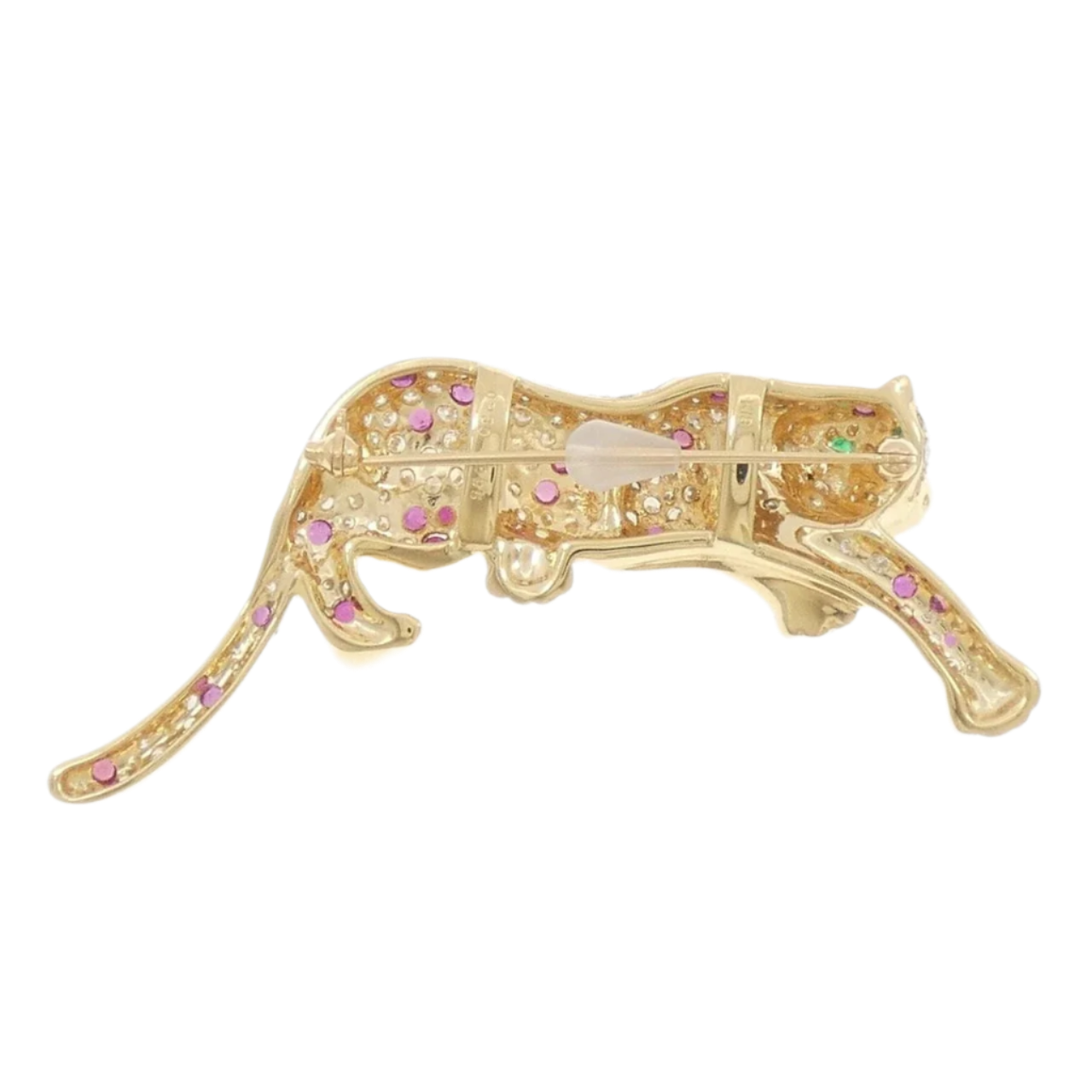 18k Solid Yellow Gold Cheetah Brooch with Diamonds, Sapphires and Emeralds