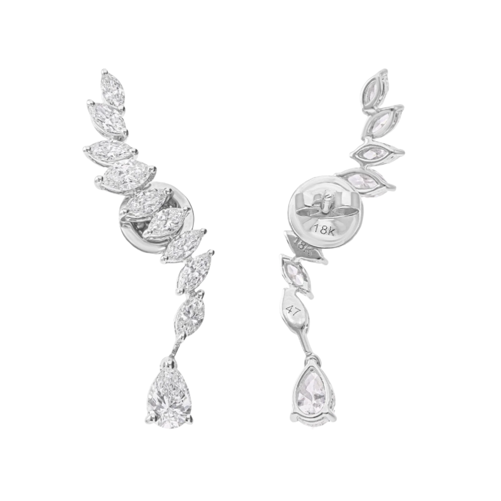 18k Solid White Gold Wing Motif Diamond Cocktail Earrings 5.88 CTW
