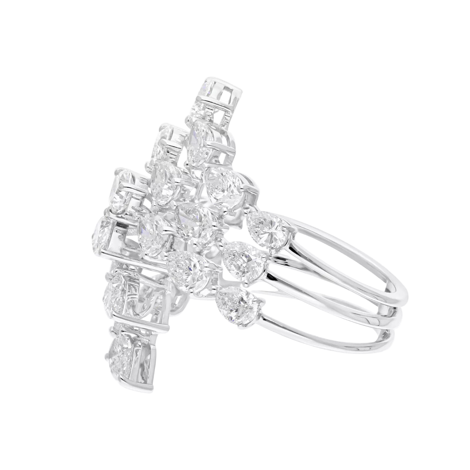 18k Solid White Gold Pear-Shaped Bypass Dimond Cocktail Ring 4.76 CTW