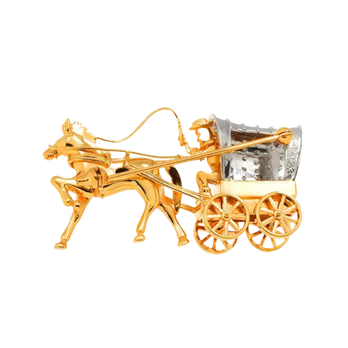 18k Mixed Gold Horse and Carriage Diamond Vintage Brooch