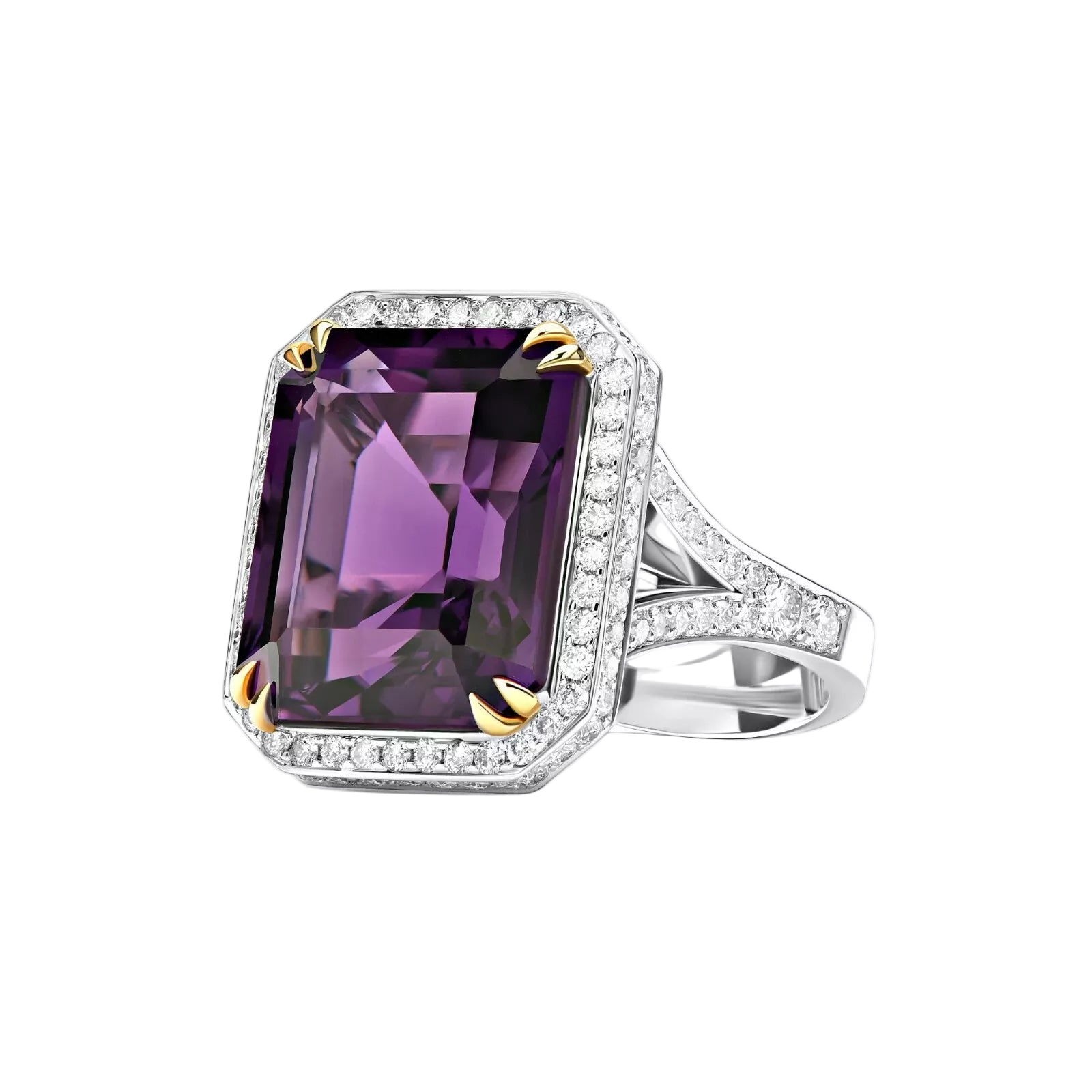 18k Solid White Gold African Amethyst and Diamond Cocktail Ring 13.55 CTW