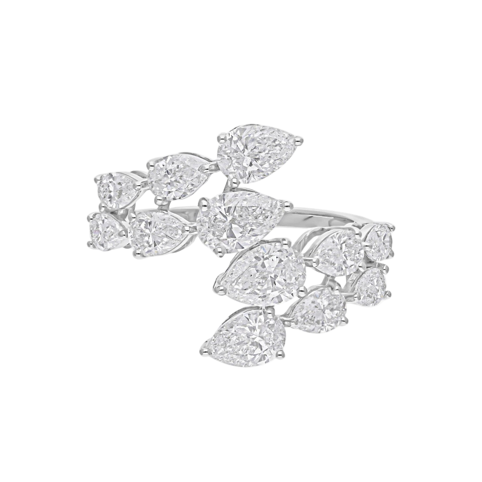 18k Solid White Gold Pear-Shaped Bypass Diamond Cocktail Ring 3.22 CTW