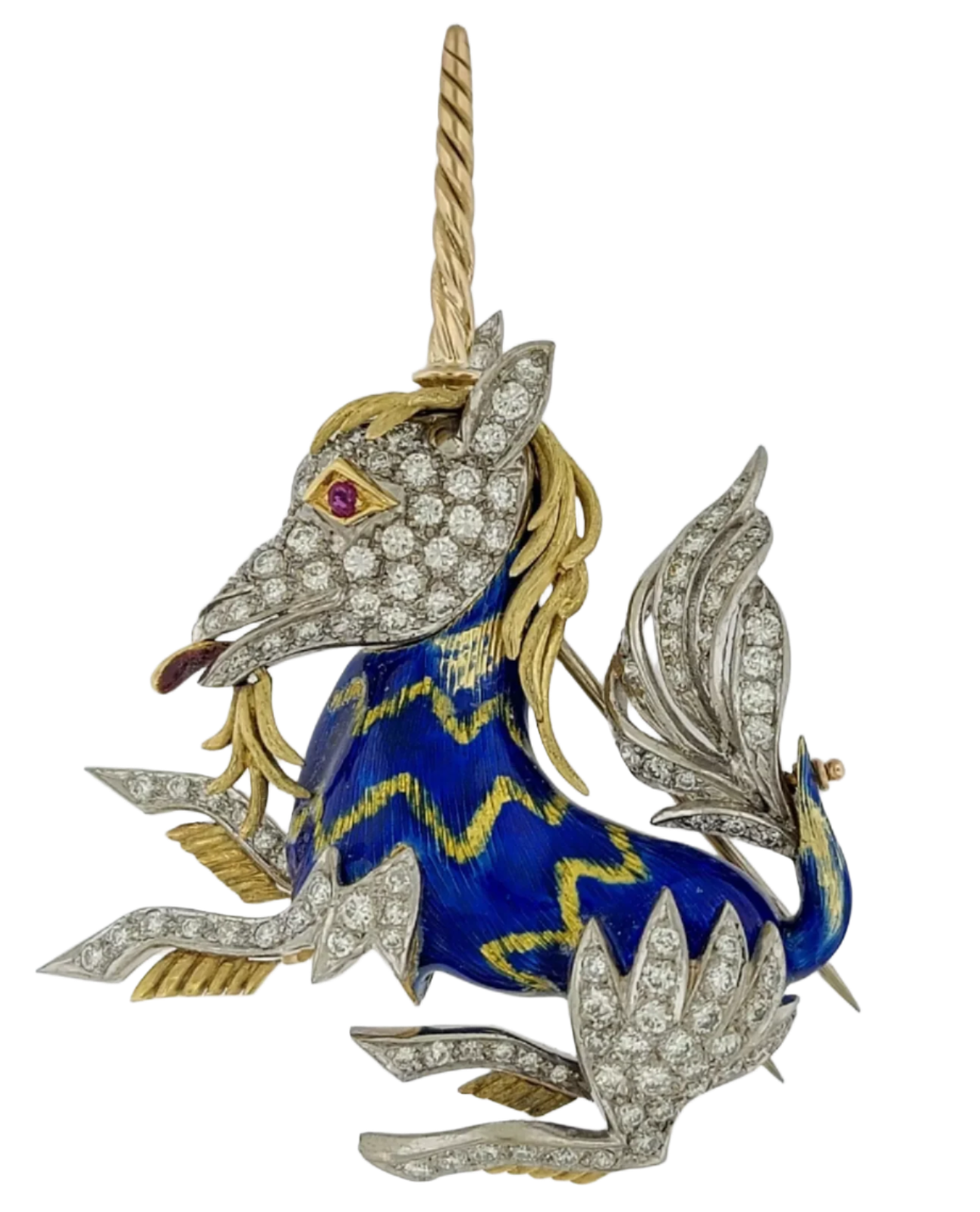 Unicorn 18k Solid Gold Ruby and Diamond Vintage Brooch Pin