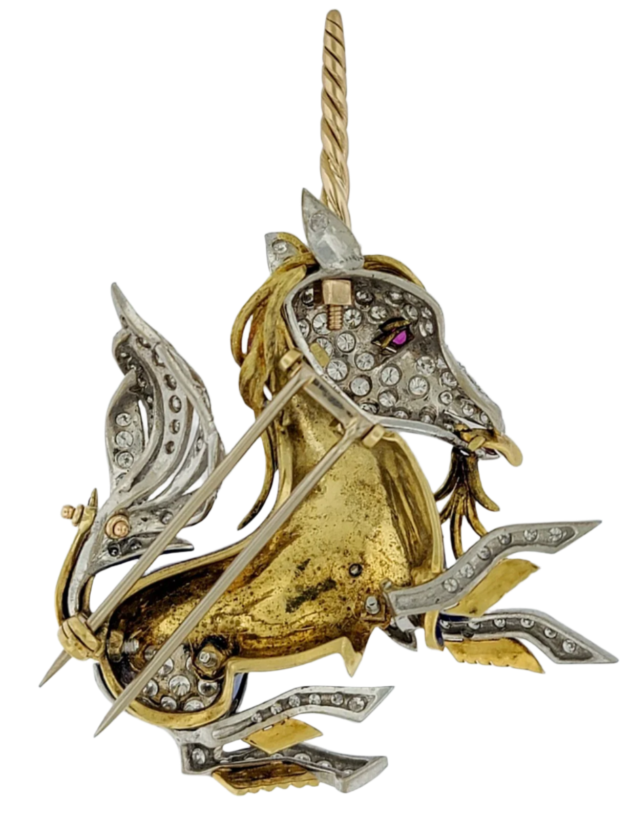 Unicorn 18k Solid Gold Ruby and Diamond Vintage Brooch Pin