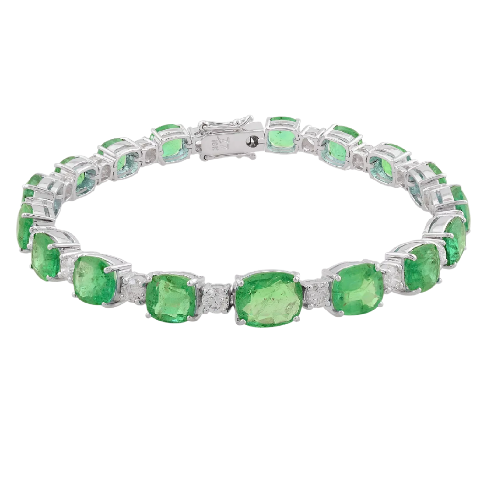 18k Solid White Gold Oval Zambian Emerald and Round Diamond Tennis Bracelet 19.75 CTW