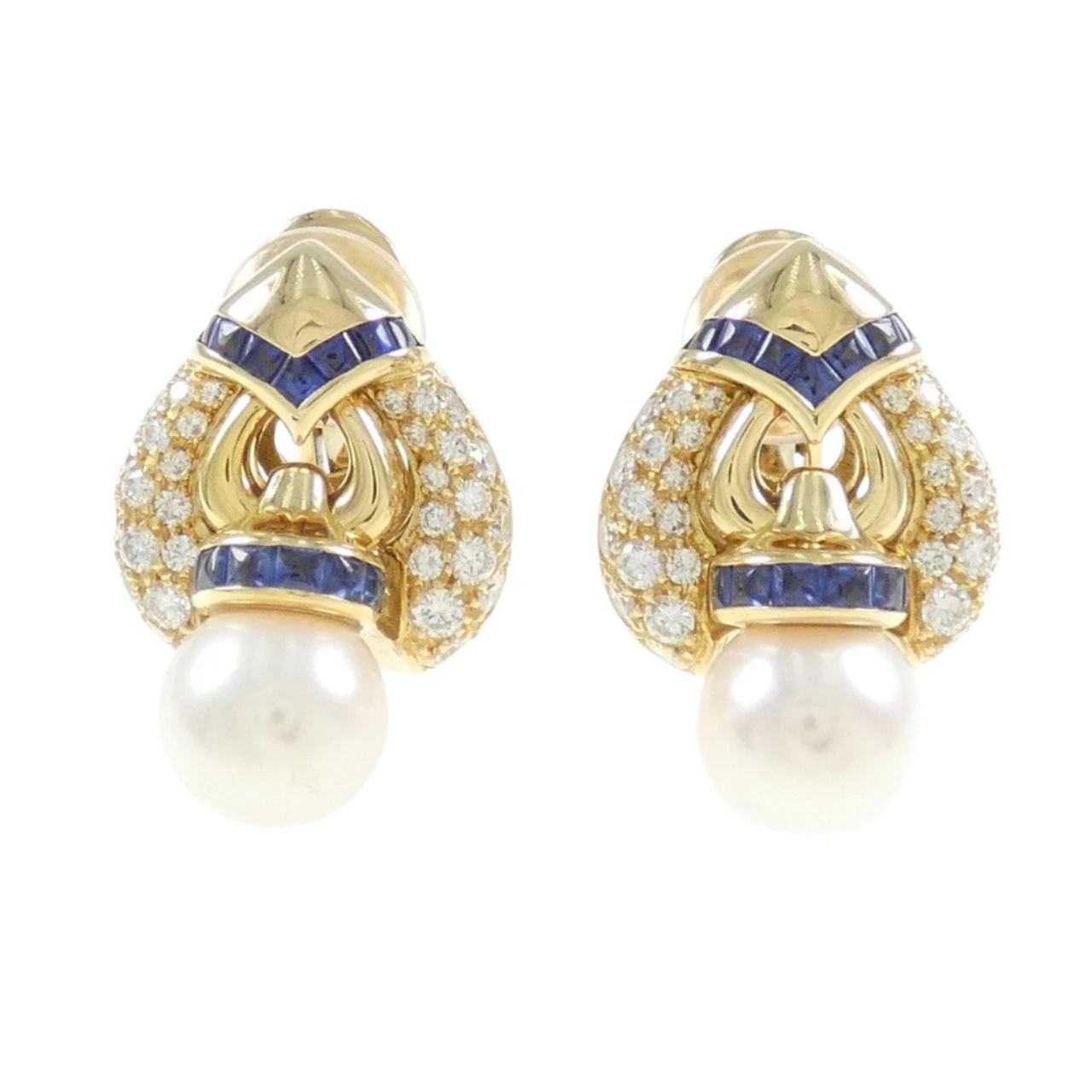 18k Solid Yellow Gold BVLGARI Akoya Pearl Earrings with Diamonds and Sapphires