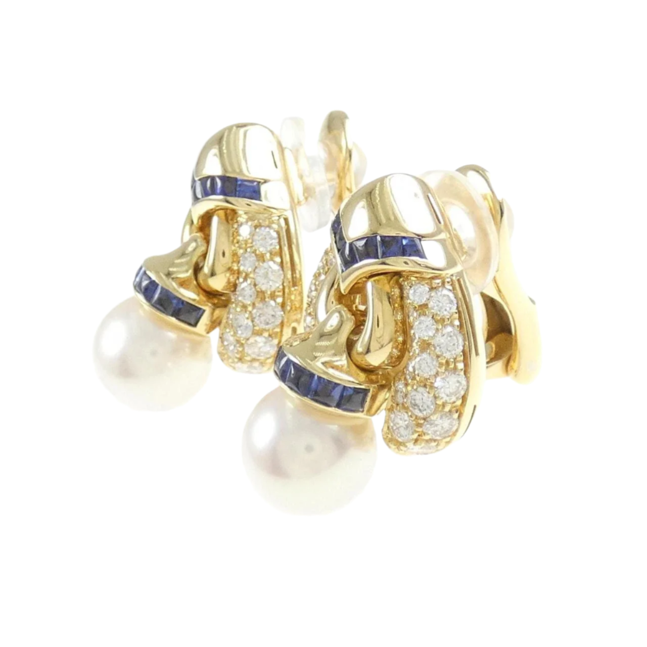 18k Solid Yellow Gold BVLGARI Akoya Pearl Earrings with Diamonds and Sapphires