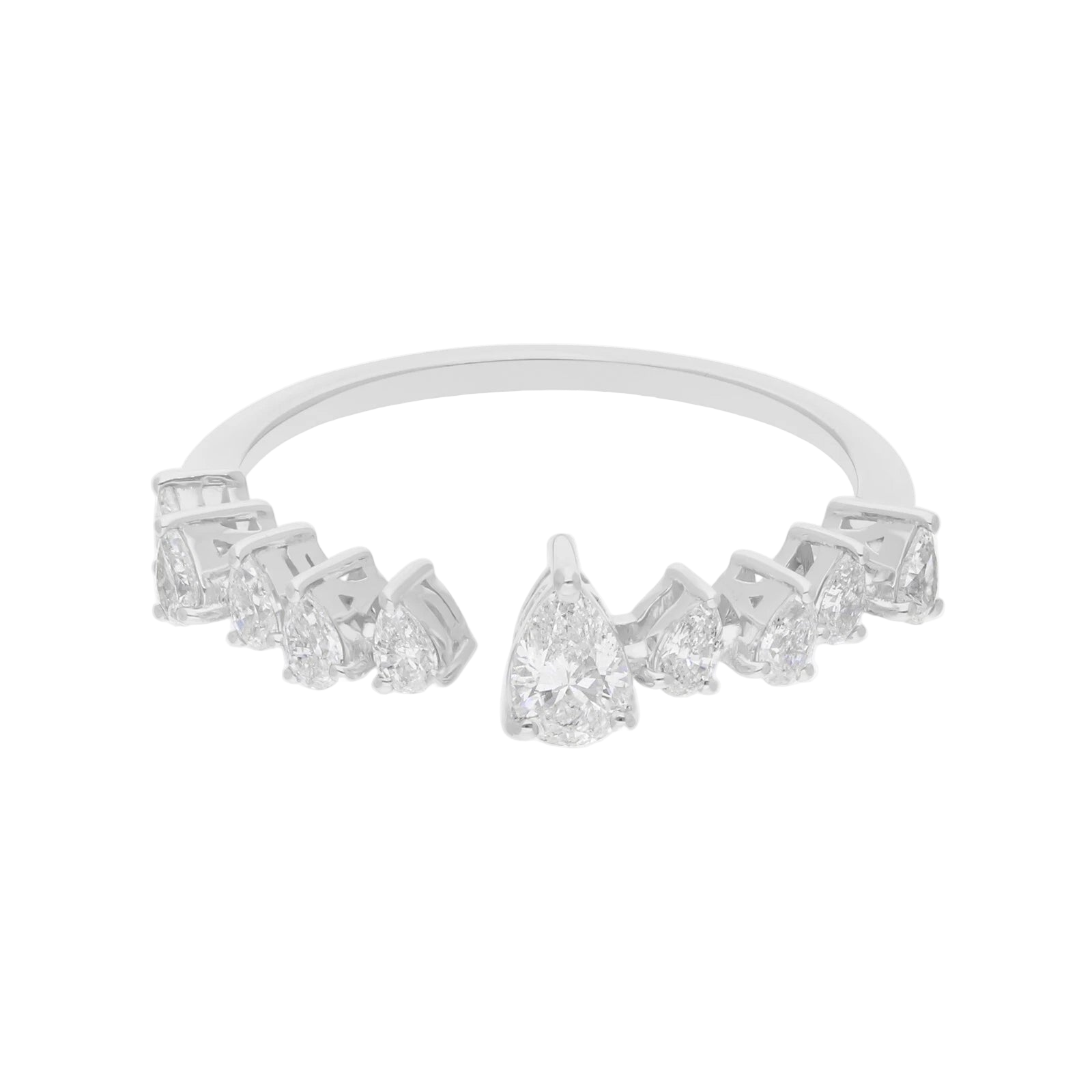 18k Solid White Gold Pear-Shaped Open Cuff Diamond Cocktail Ring 1.85 CTW