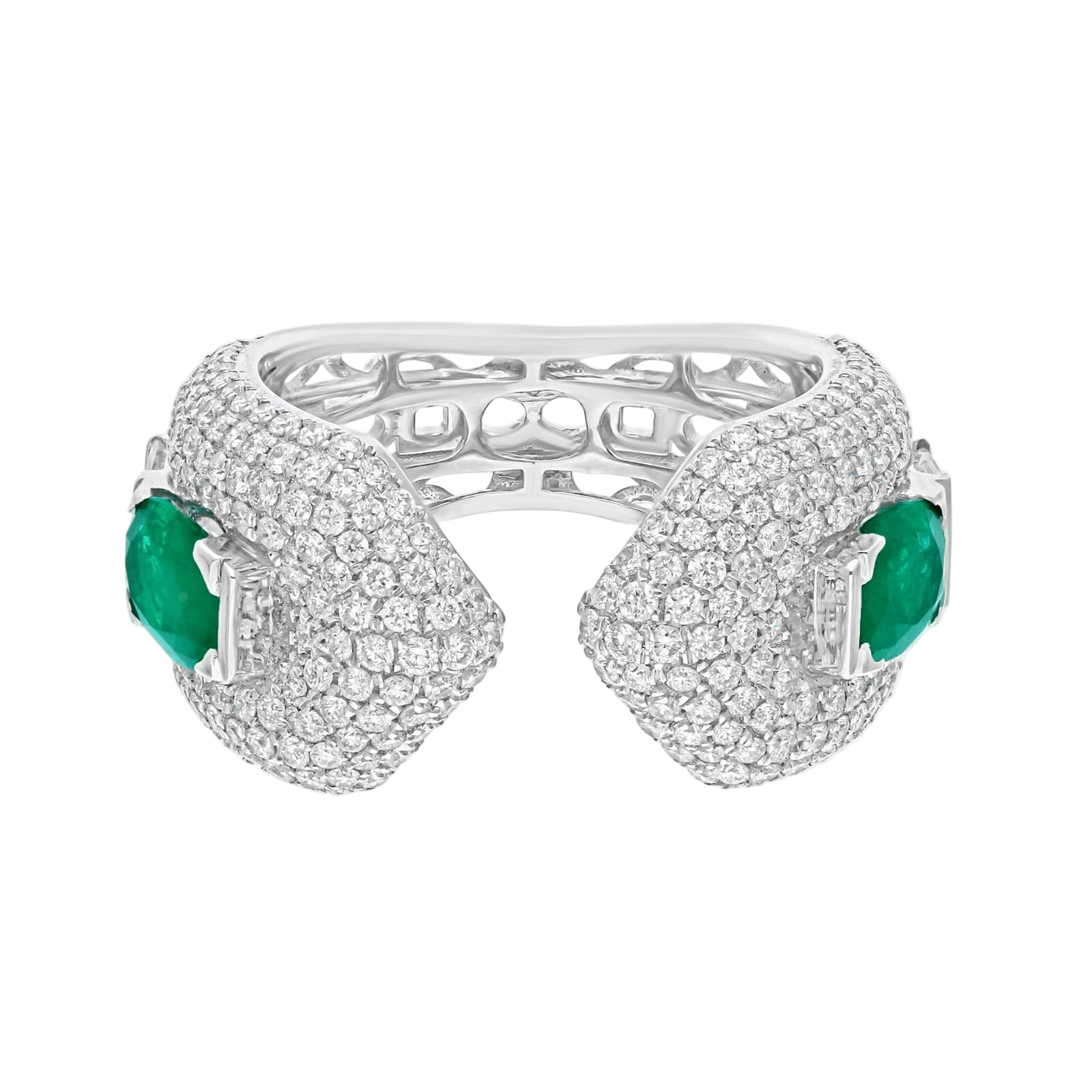 18k Solid White Gold Zambian Emerald and Diamond Open Cocktail Ring 2.95 CTW
