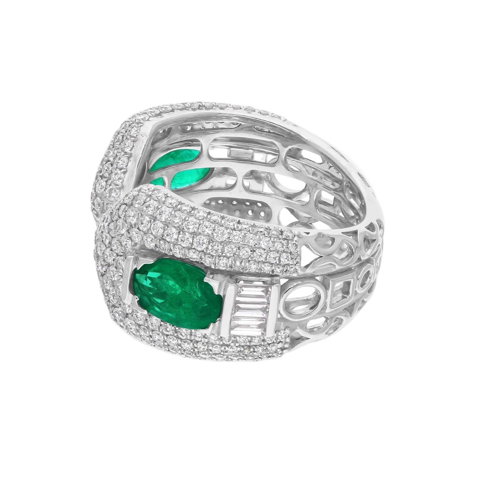 18k Solid White Gold Zambian Emerald and Diamond Open Cocktail Ring 2.95 CTW