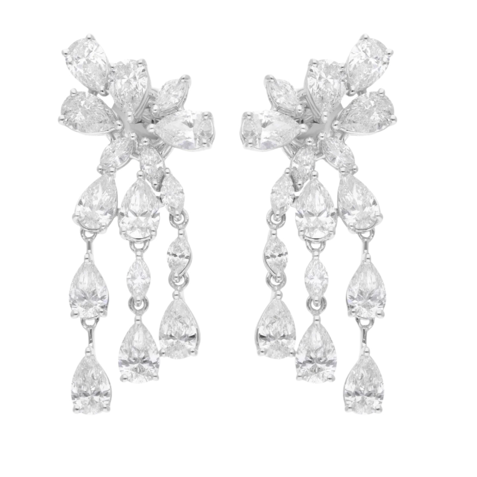 18k Solid White Gold Cascading Pear-Shaped Diamond Drop Earrings 7.80 CTW