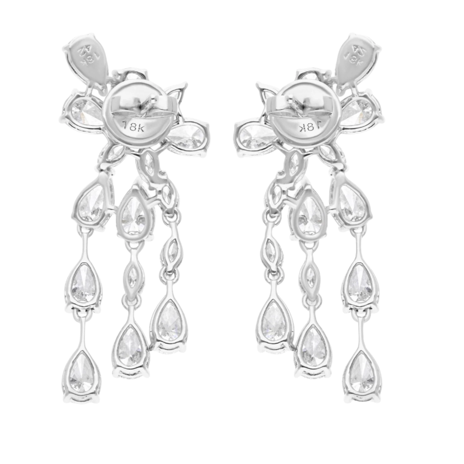 18k Solid White Gold Cascading Pear-Shaped Diamond Drop Earrings 7.80 CTW