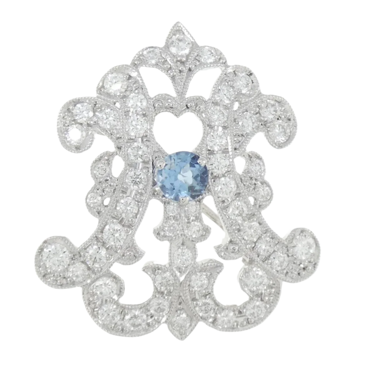 18k Solid White Gold Vintage Aquamarine and Diamond Brooch