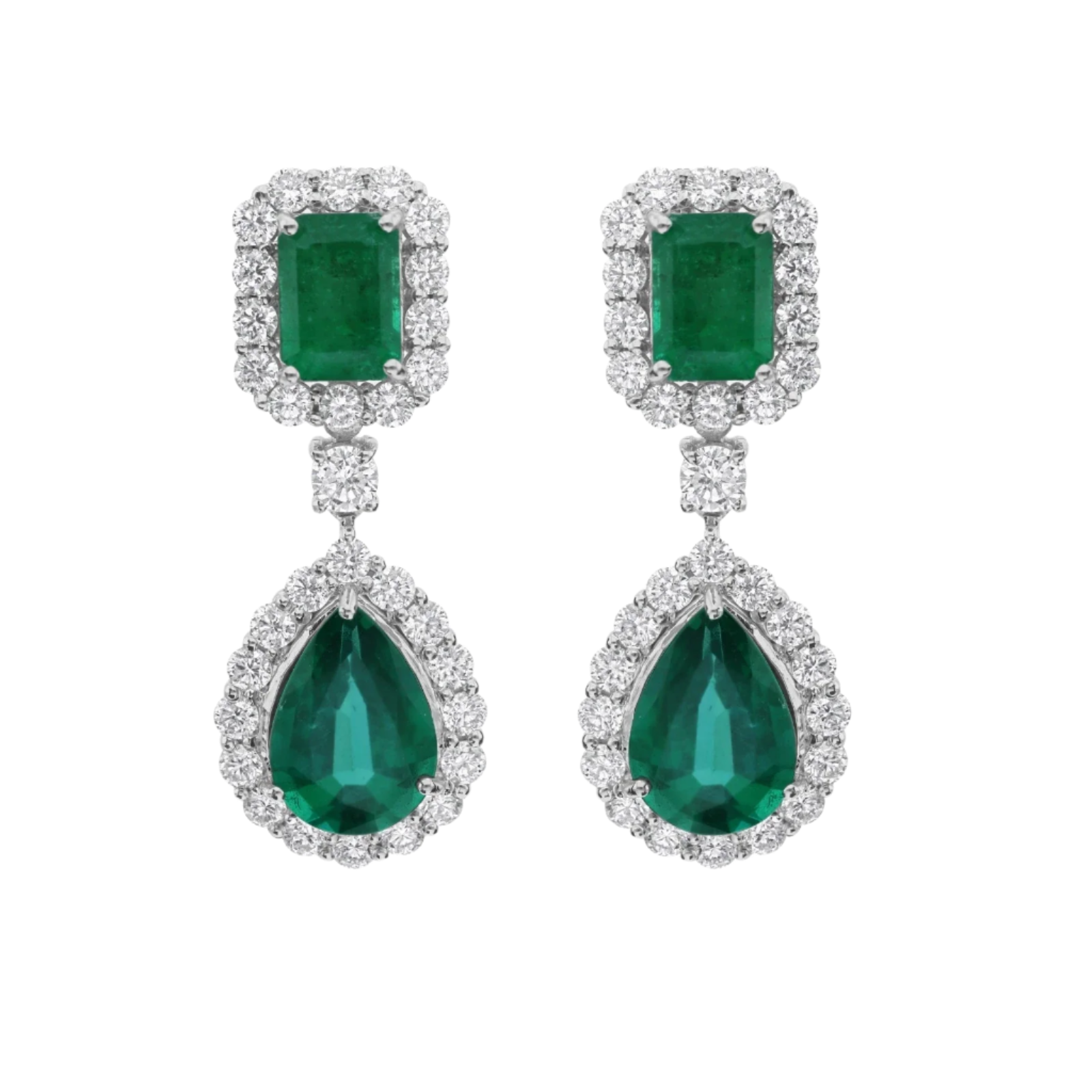 18k Solid White Gold Zambian Emerald and Diamond Estate Style Earrings 8.55 CTW