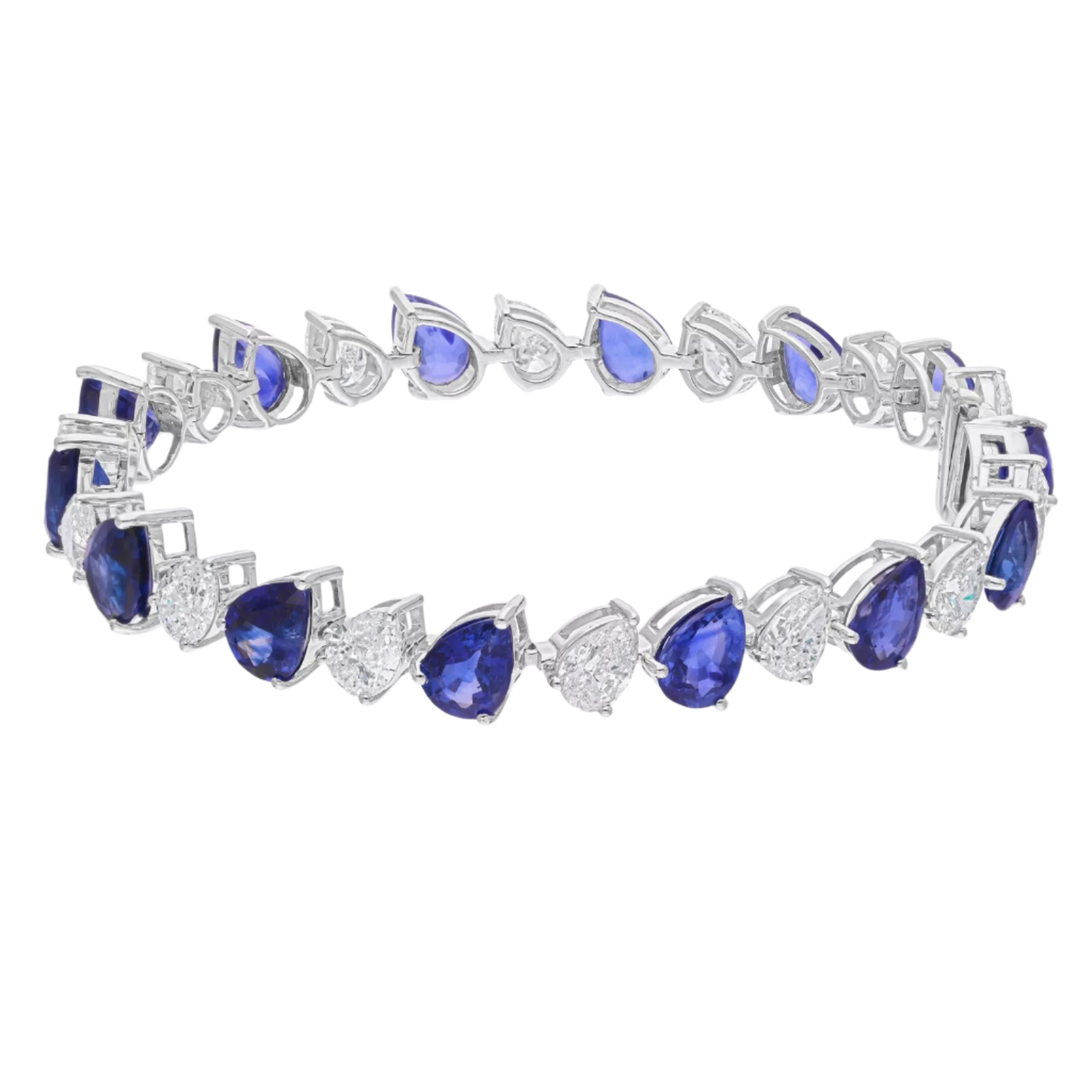 18k Solid White Gold Pear-Shaped Blue Sapphire and Diamond Bracelet 21.75 CTW