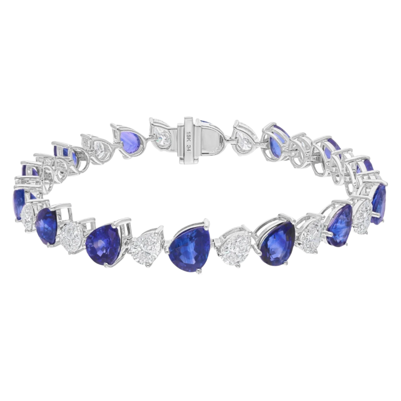 18k Solid White Gold Pear-Shaped Blue Sapphire and Diamond Bracelet 21.75 CTW