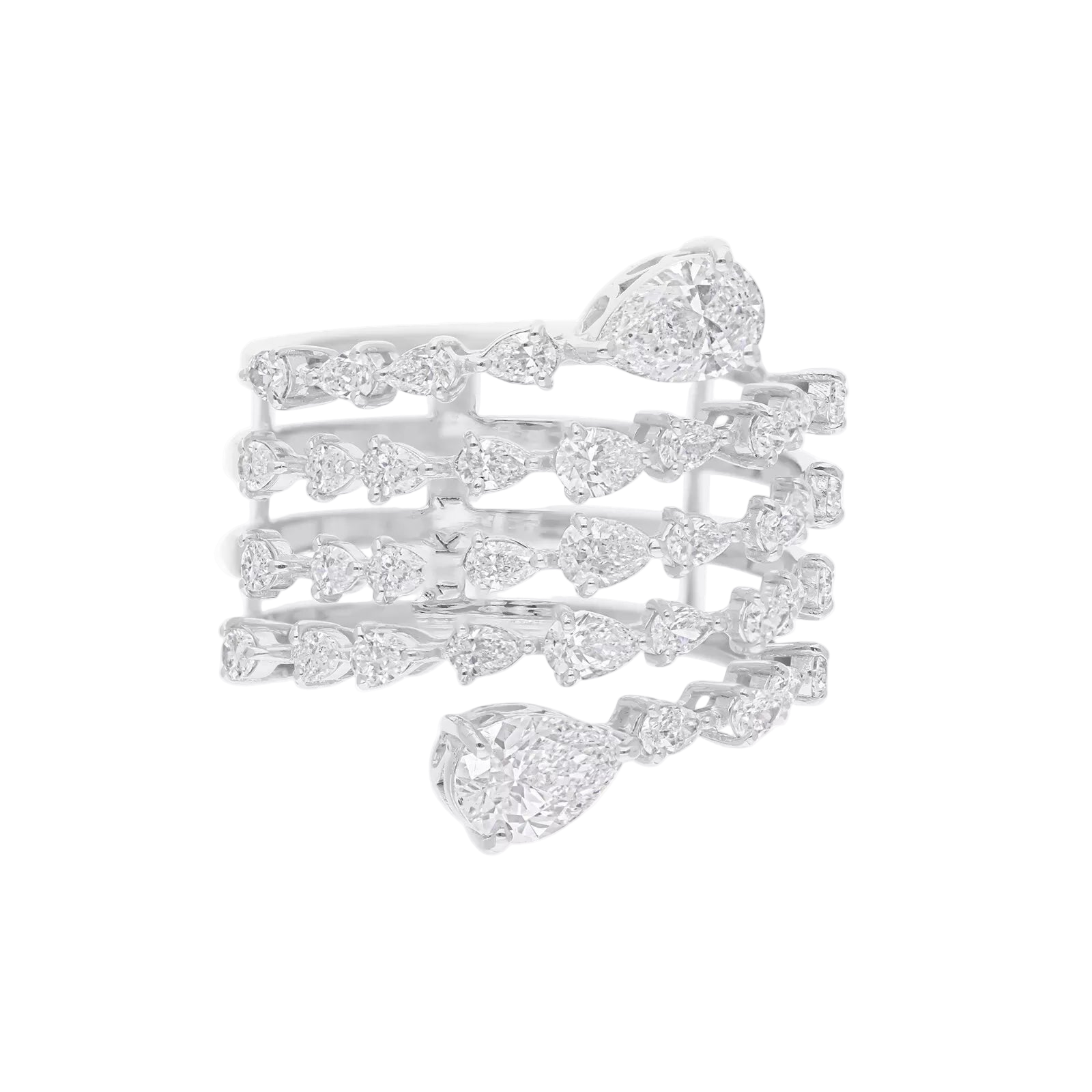 18k Solid White Gold Pear-Shaped Bypass Cocktail Ring 4.80 CTW