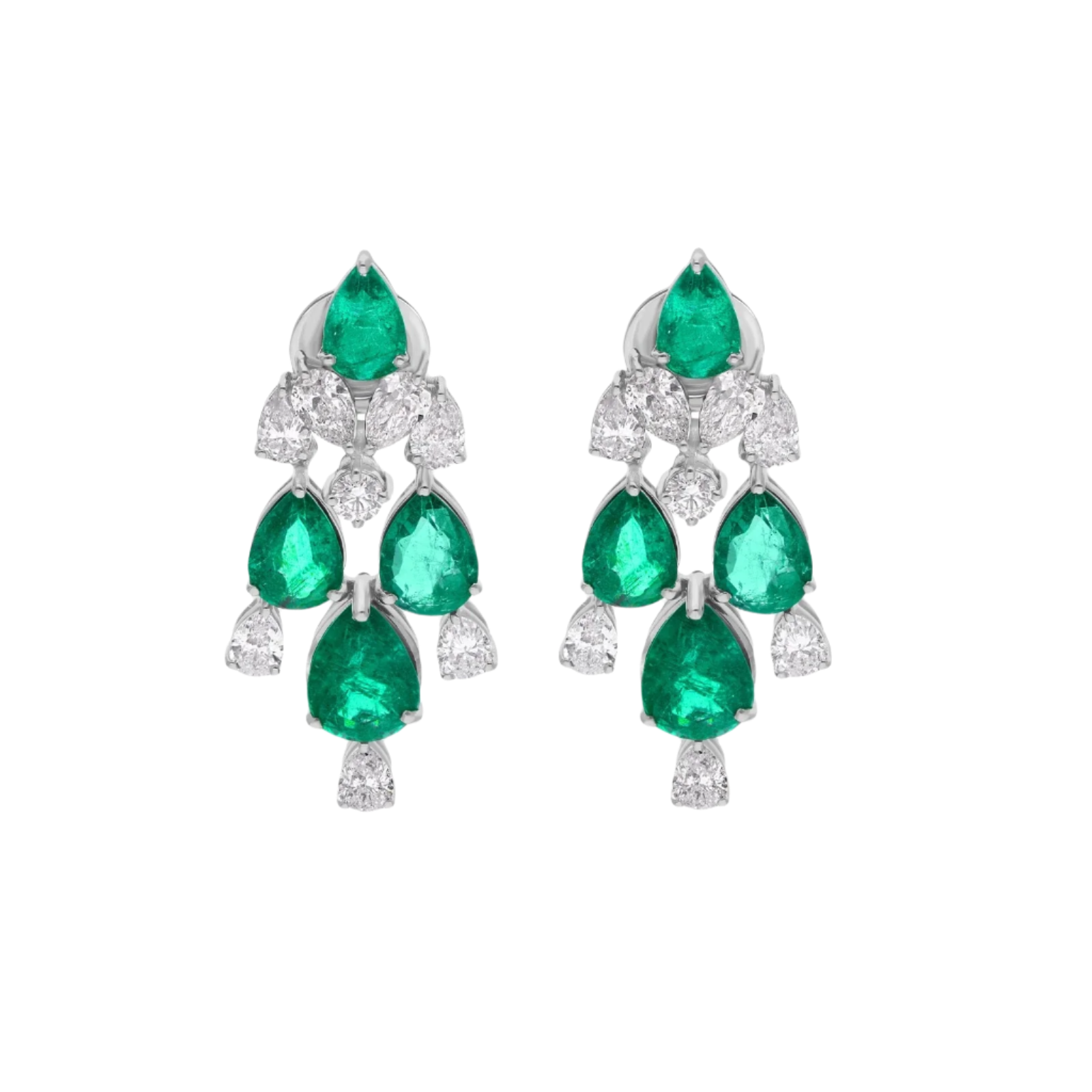 18k Solid White Gold Decorated Zambian Emerald and Diamond Earrings 7.90 CTW