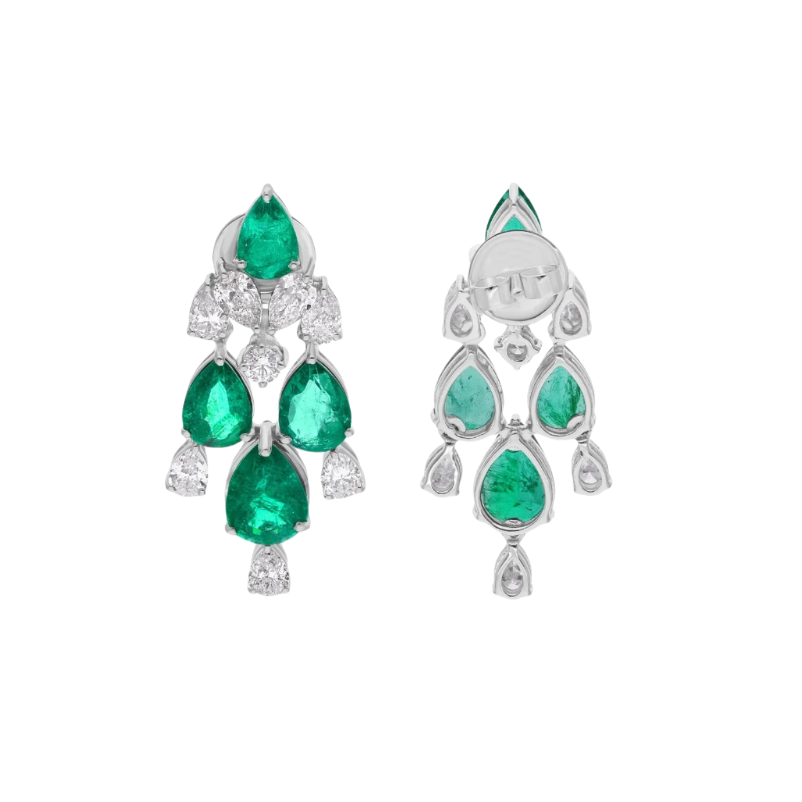 18k Solid White Gold Decorated Zambian Emerald and Diamond Earrings 7.90 CTW