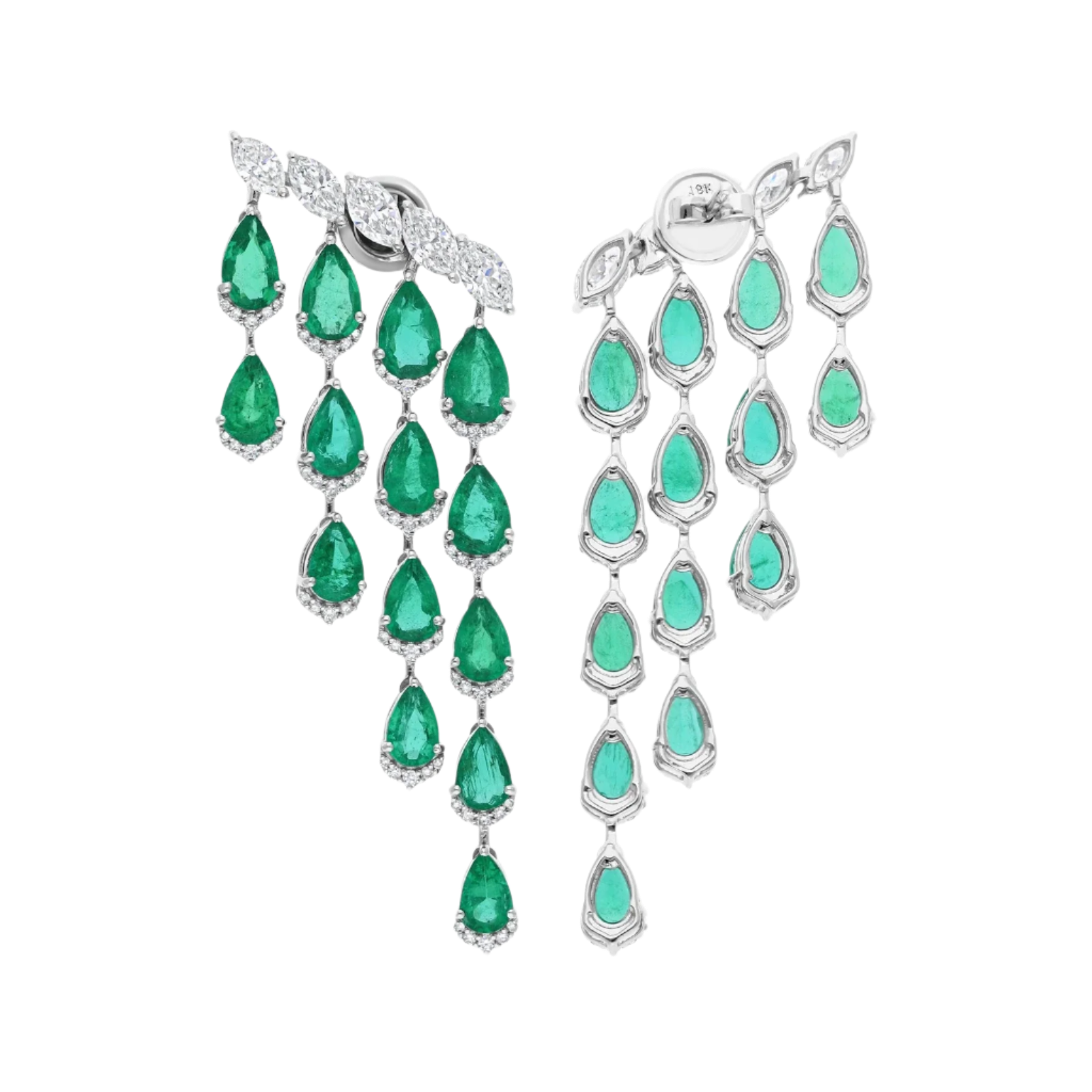 18k Solid White Gold Zambian Emerald and Diamond Decorated Cocktail Earrings 12.44 CTW