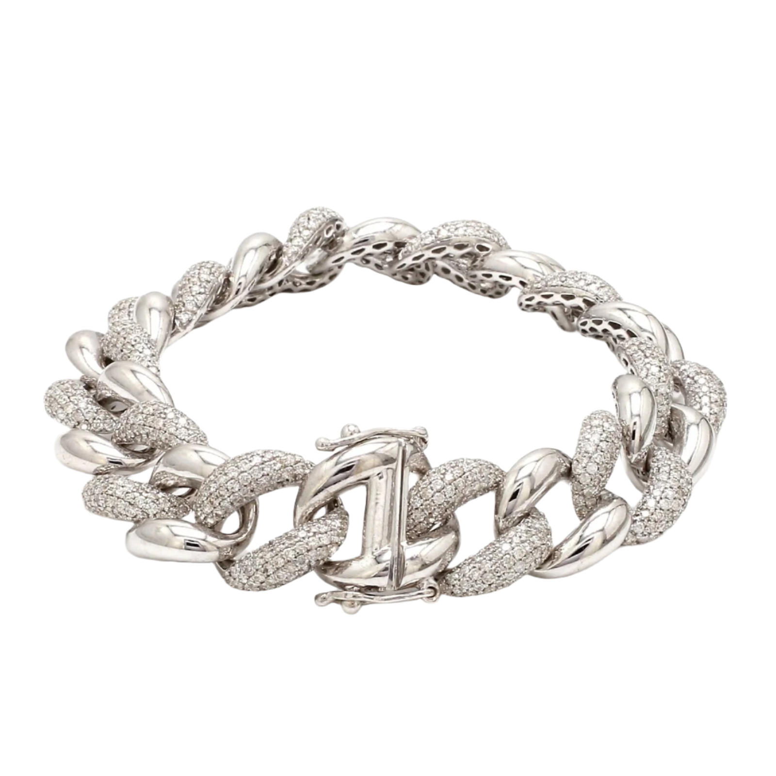 18k Solid White Gold Cuban Chain Link Bracelet with Diamonds 5.90 CTW