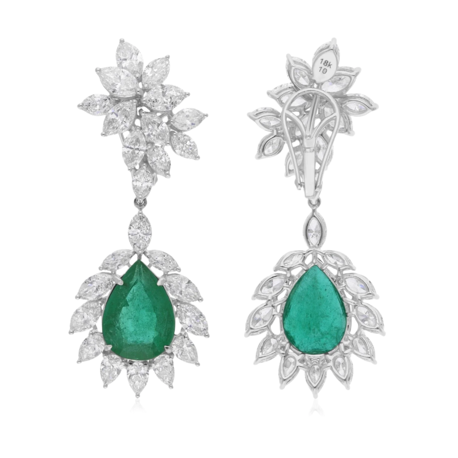 18k Solid White Gold Colombian Emerald and Diamond Drop Earrings 8.55 CTW
