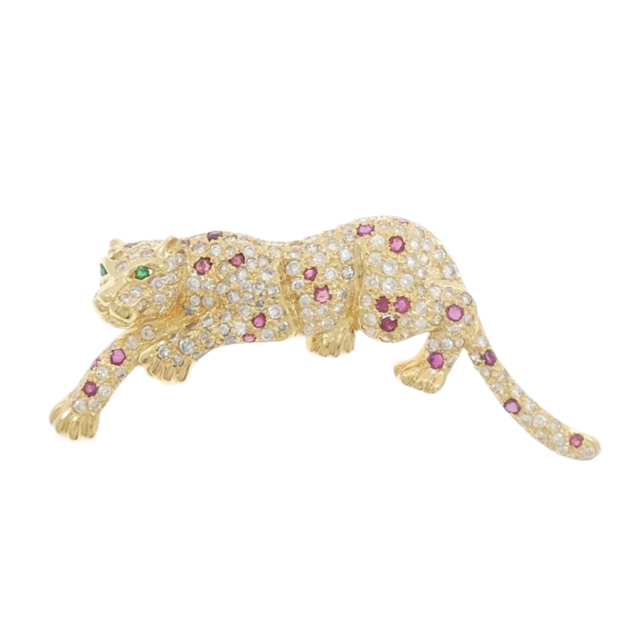 18k Solid Yellow Gold Cheetah Brooch with Diamonds, Sapphires and Emeralds