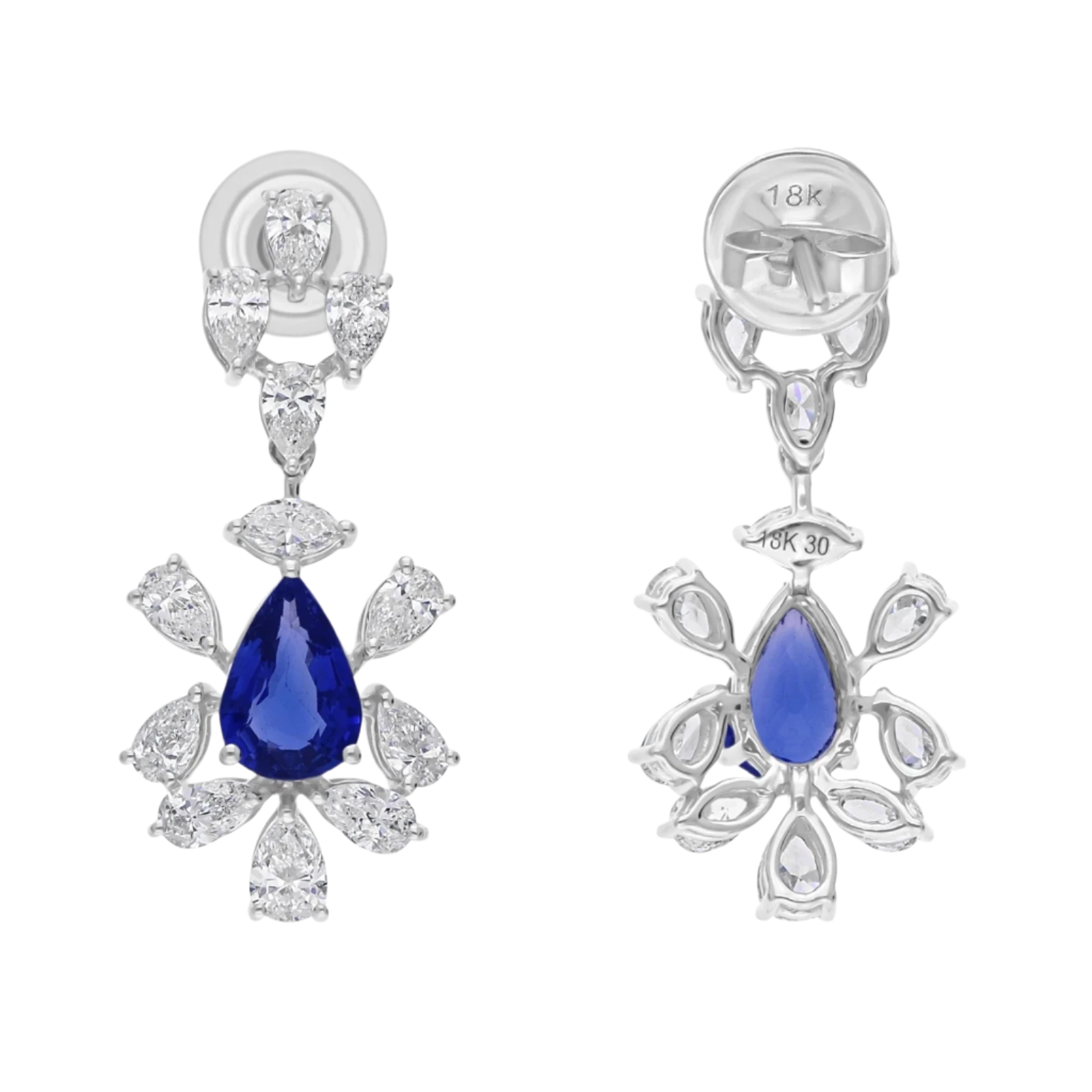 18k Solid White Gold Royal Blue Sapphires and Diamond Drop Earrings 5.65 CTW