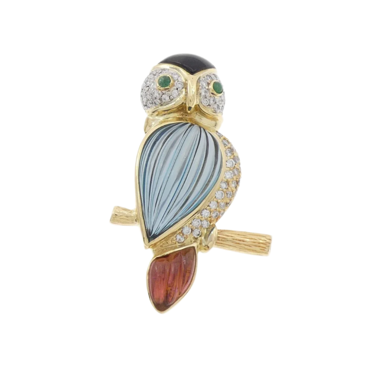 18k Solid Yellow Gold Owl Brooch with Emeralds, Diamonds and Coloured Stone