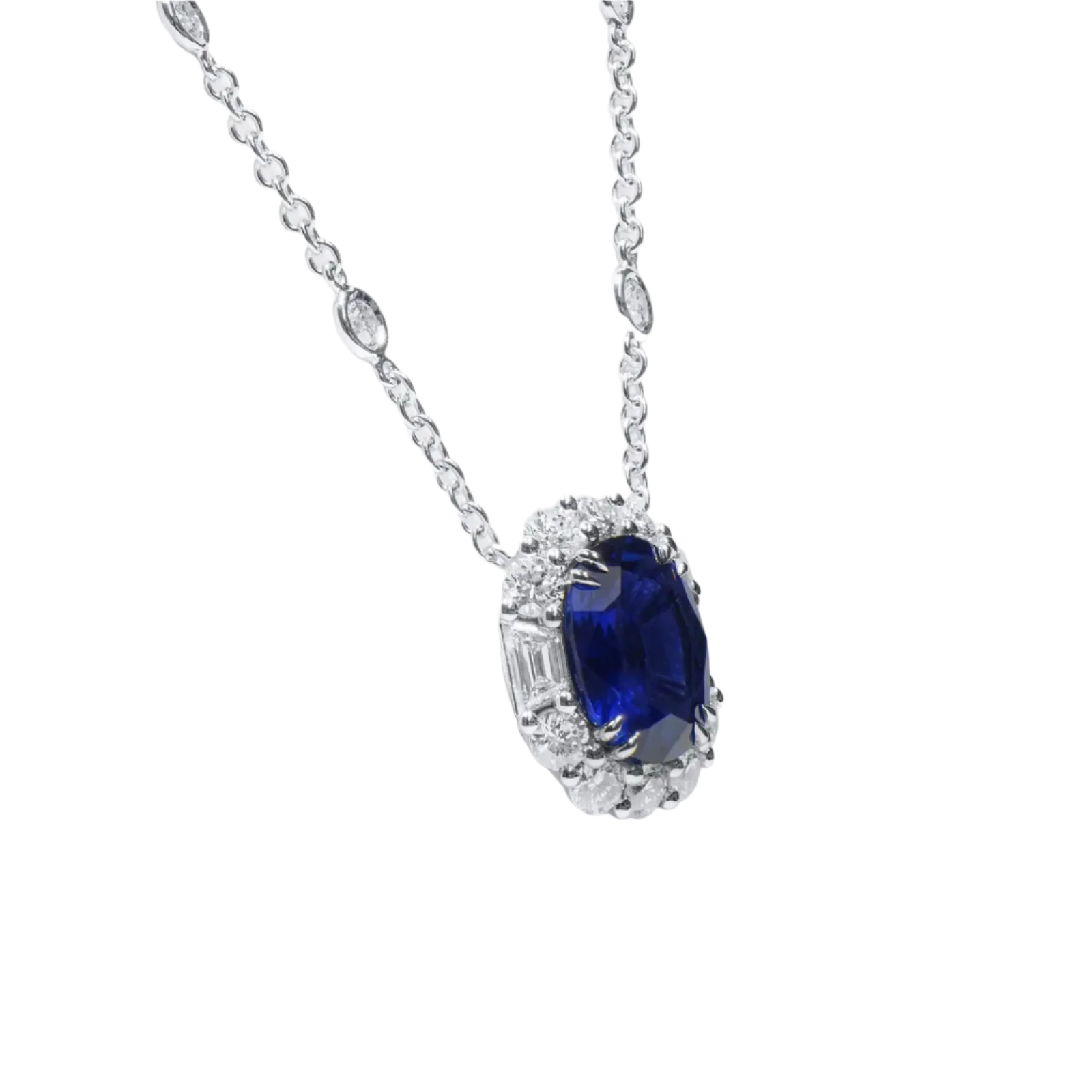 18k Solid White Gold Royal Blue Sapphire and Diamond Pendant 4.55 CTW