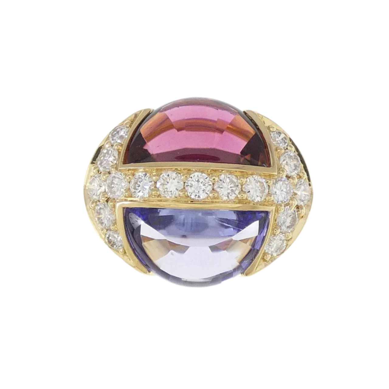 18k Solid Yellow Gold Tanzanite and Tourmaline Ring with Diamonds