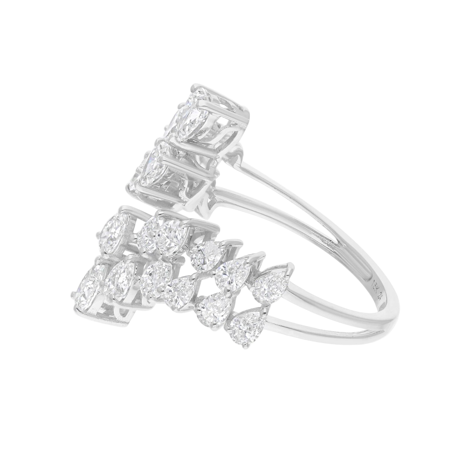 18k Solid White Gold Pear-Shaped Open Cuff Diamond Cocktail Ring 3.25 CTW