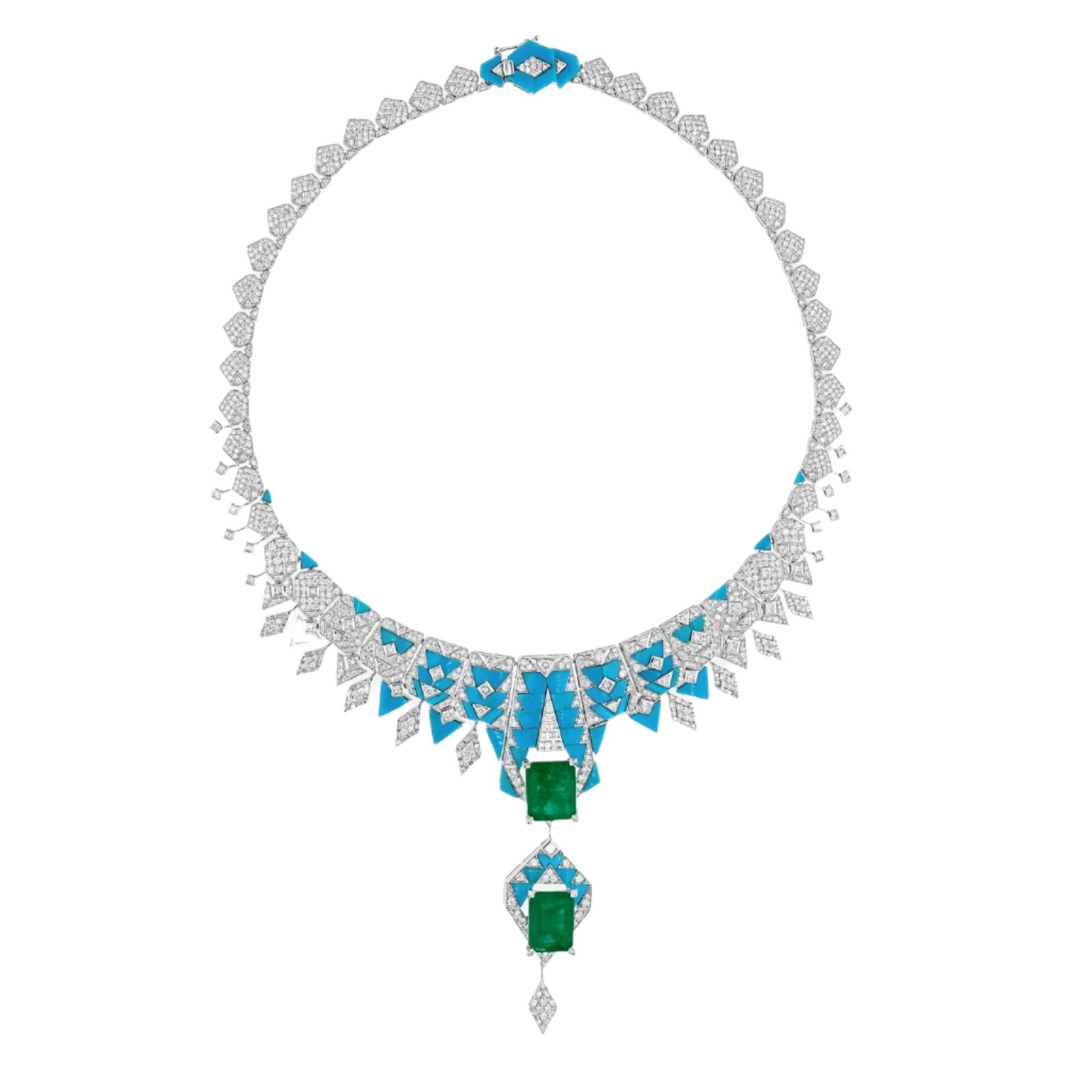 18K White gold Zambian Emerald, Turquoise and Diamond Lariat Necklace 14.95 CTW