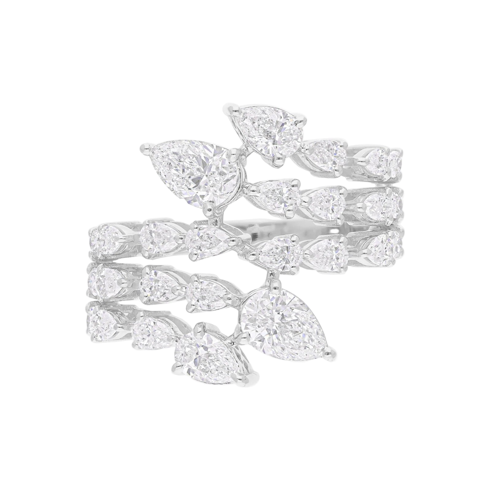 18k Solid White Gold Pear -Shaped Bypass Diamond Ring 3.88 CTW