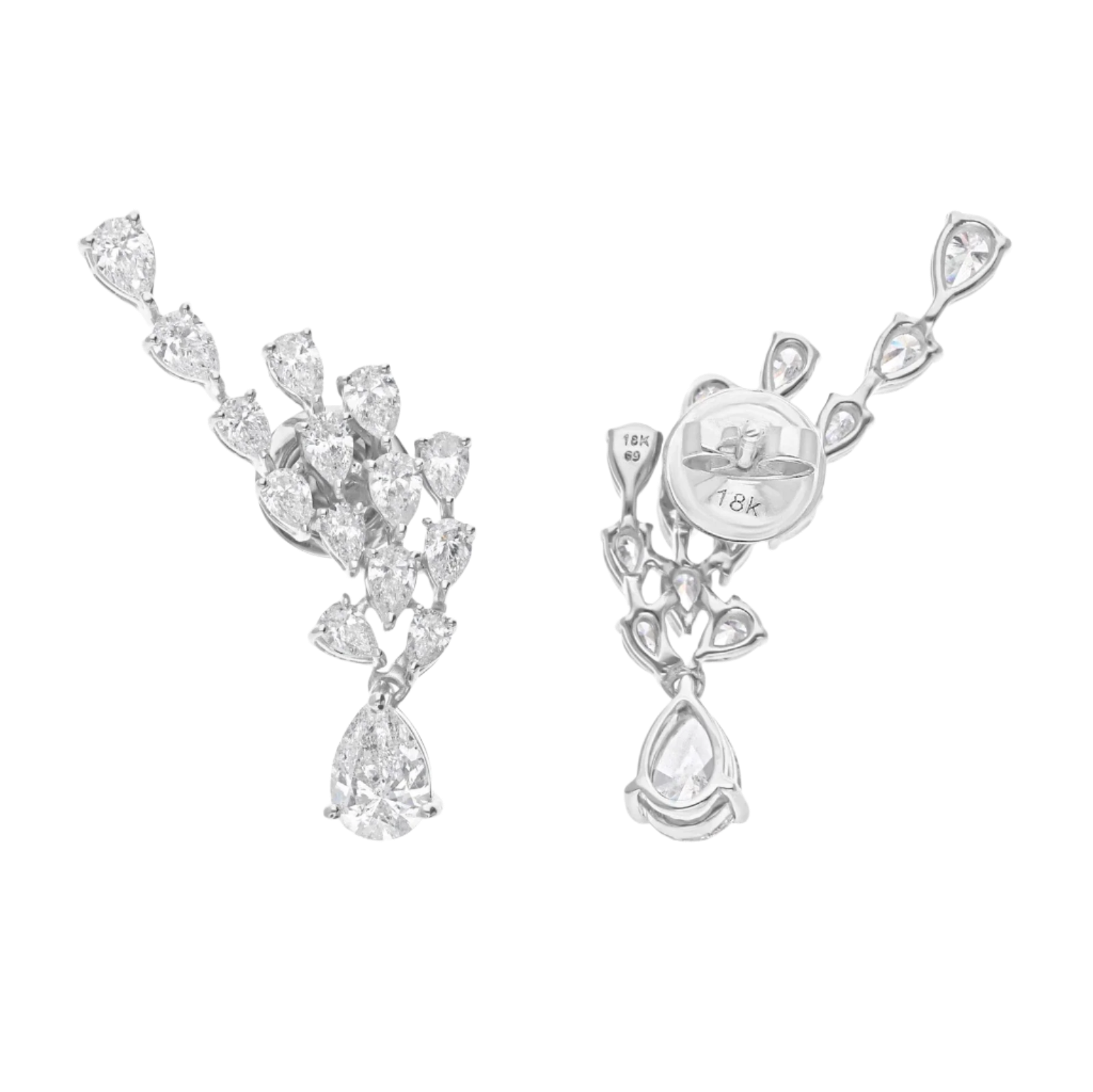 18k Solid White Gold Pear-Shaped Diamond Ear Climbing Earrings 4.80 CTW
