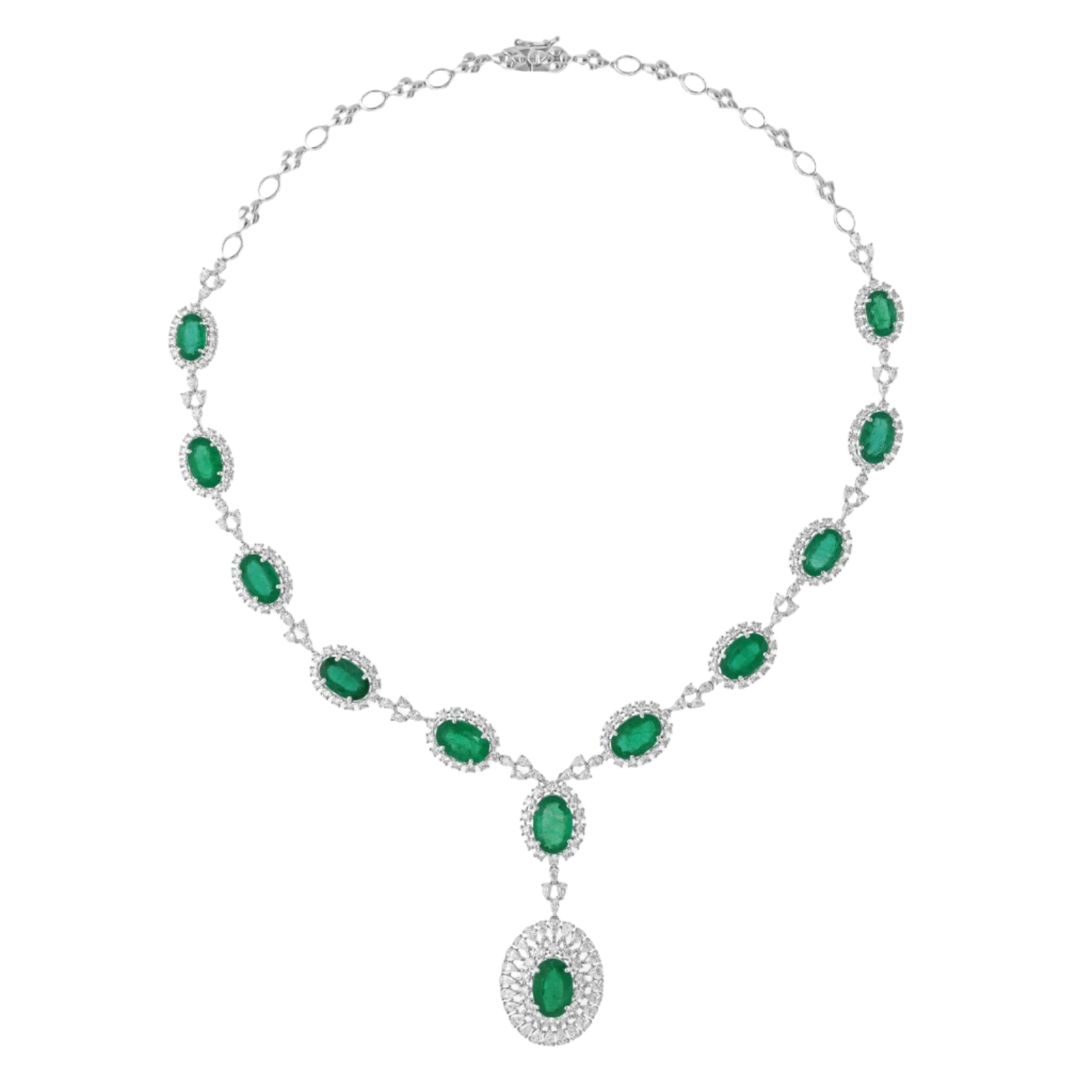 18k Solid White Gold Decorated Diamond and Colombian Emerald Necklace 55.40 CTW