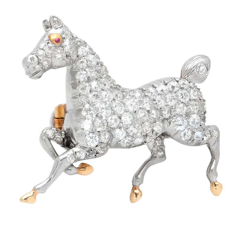 18k Solid Gold Equestrian Diamond Horse Brooch 1.66 CTW
