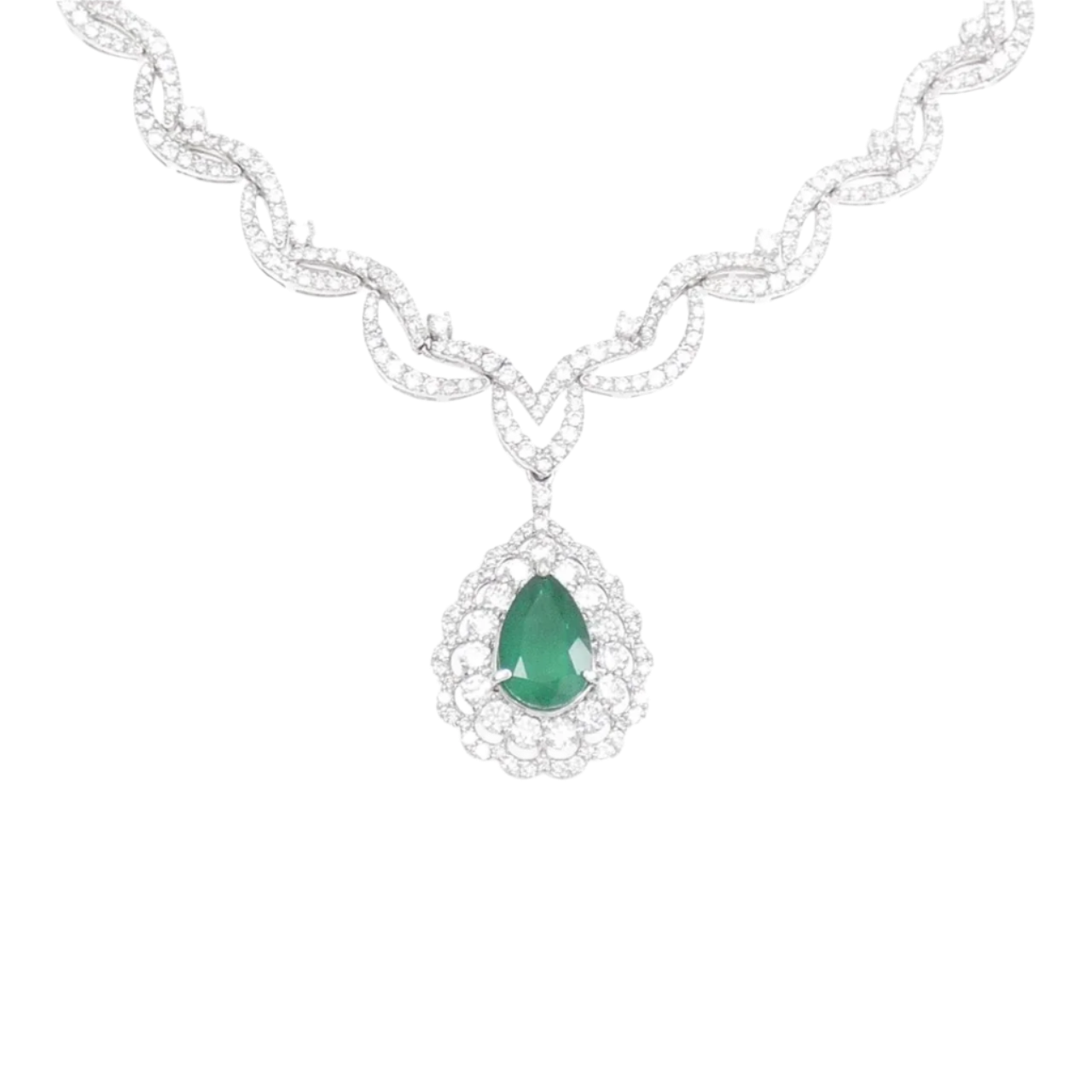 18k Solid White Gold Colombian Emerald and Diamond Vintage Necklace